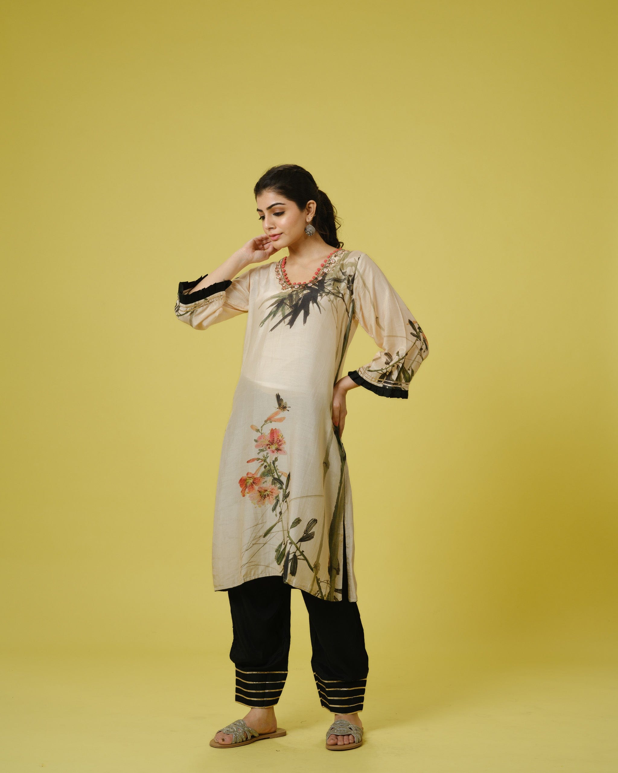 Cream 3/4th Sleeves Cotton Silk Digital Floral Print, Sequin Work Calf Length Kurta Set - With Dupatta
