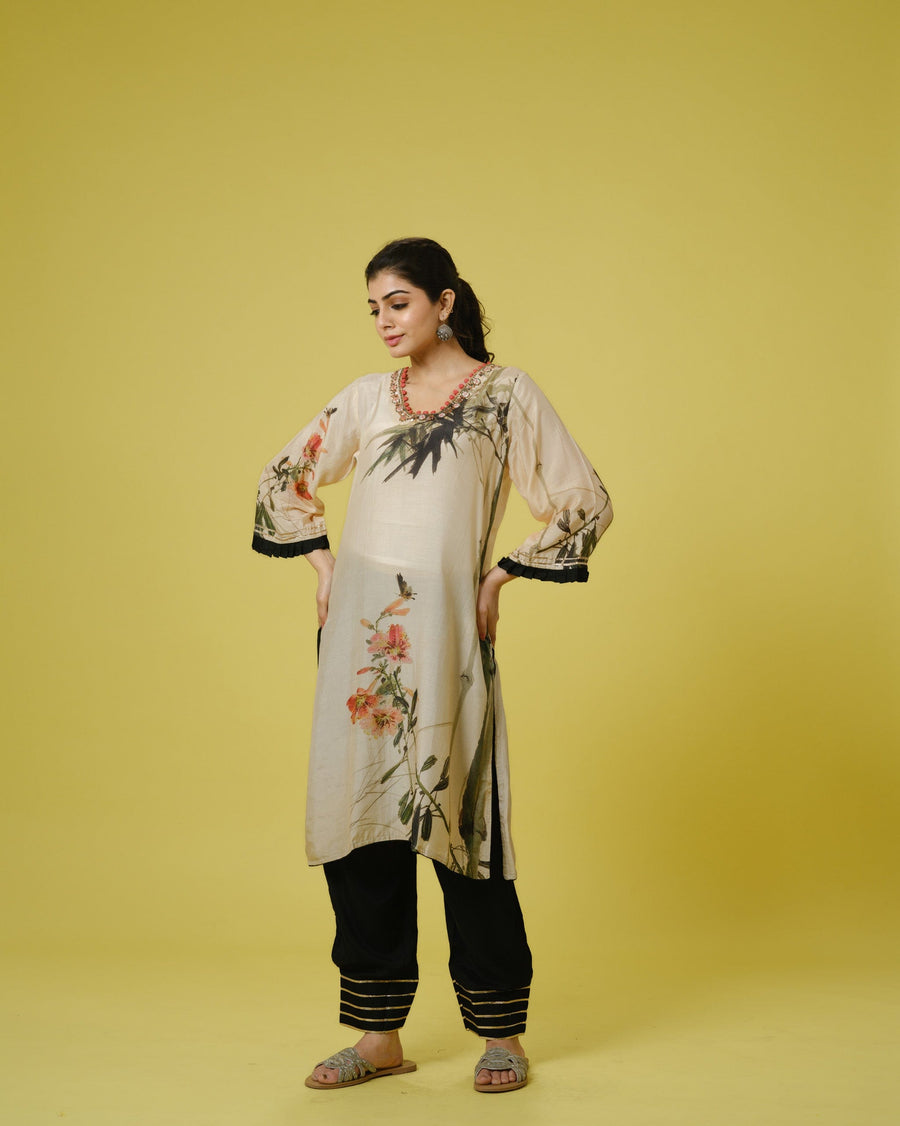 Cream 3/4th Sleeves Cotton Silk Digital Floral Print, Sequin Work Calf Length Kurta Set - With Dupatta