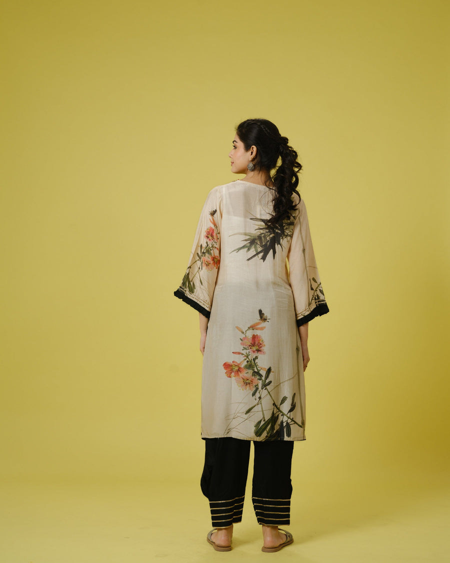 Cream 3/4th Sleeves Cotton Silk Digital Floral Print, Sequin Work Calf Length Kurta Set - With Dupatta