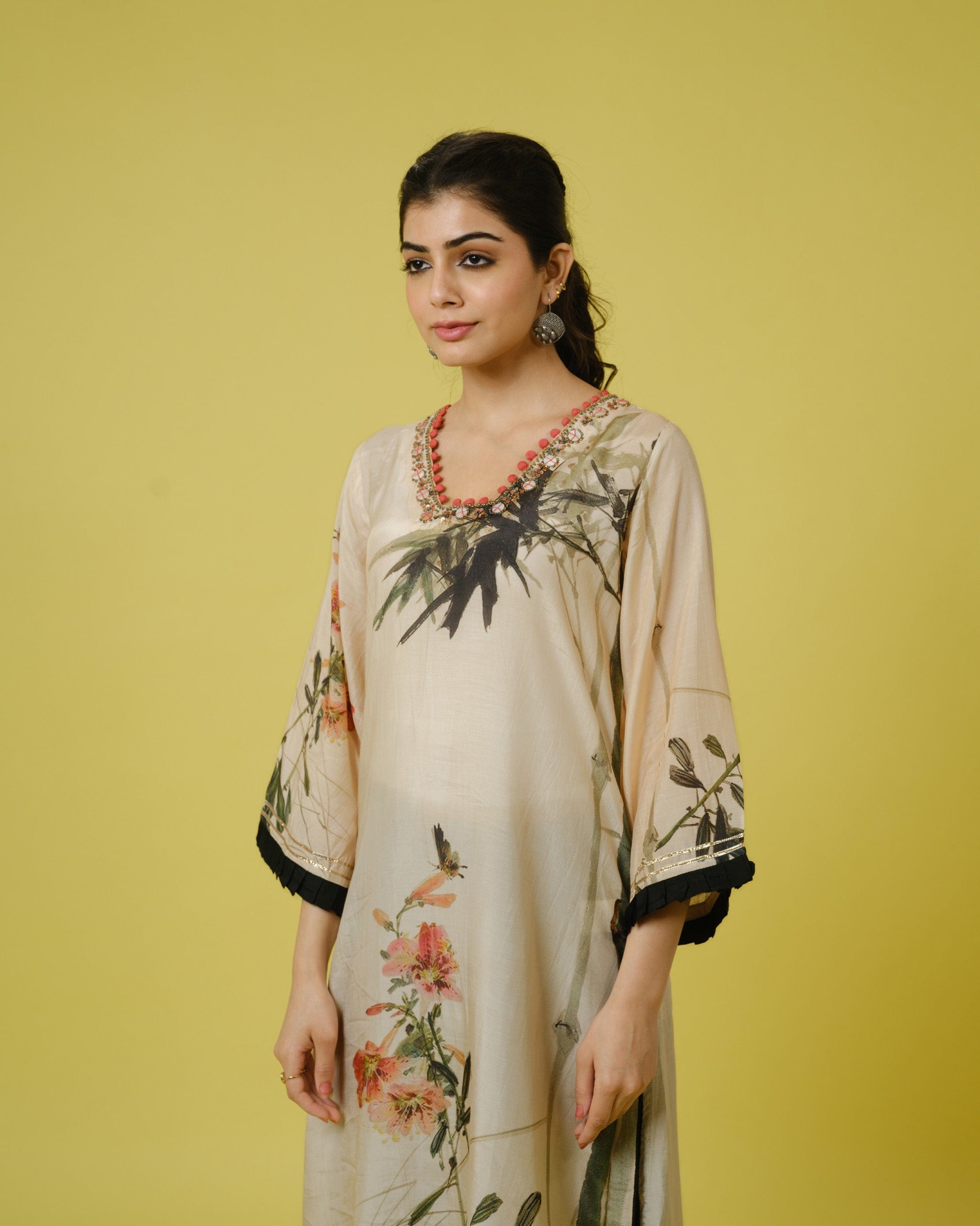 Cream 3/4th Sleeves Cotton Silk Digital Floral Print, Sequin Work Calf Length Kurta Set - With Dupatta