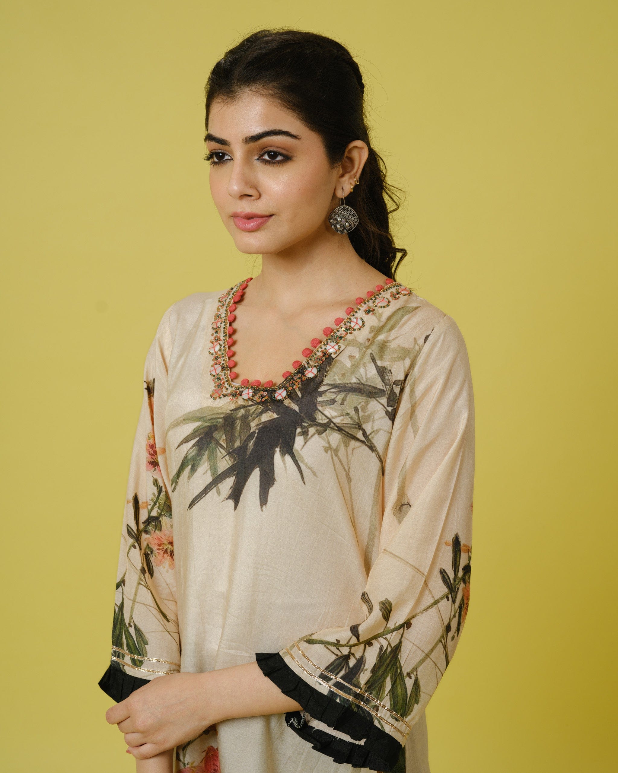 Cream 3/4th Sleeves Cotton Silk Digital Floral Print, Sequin Work Calf Length Kurta Set - With Dupatta