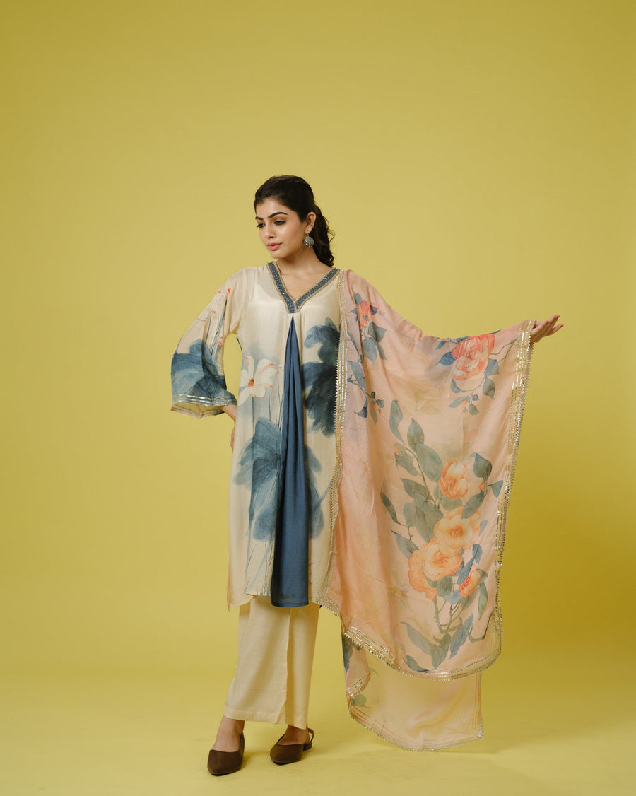 Cream 3/4th Sleeves Cotton Silk Digital Floral Print, Embellishment Work Knee Length Kurta Set - With Dupatta