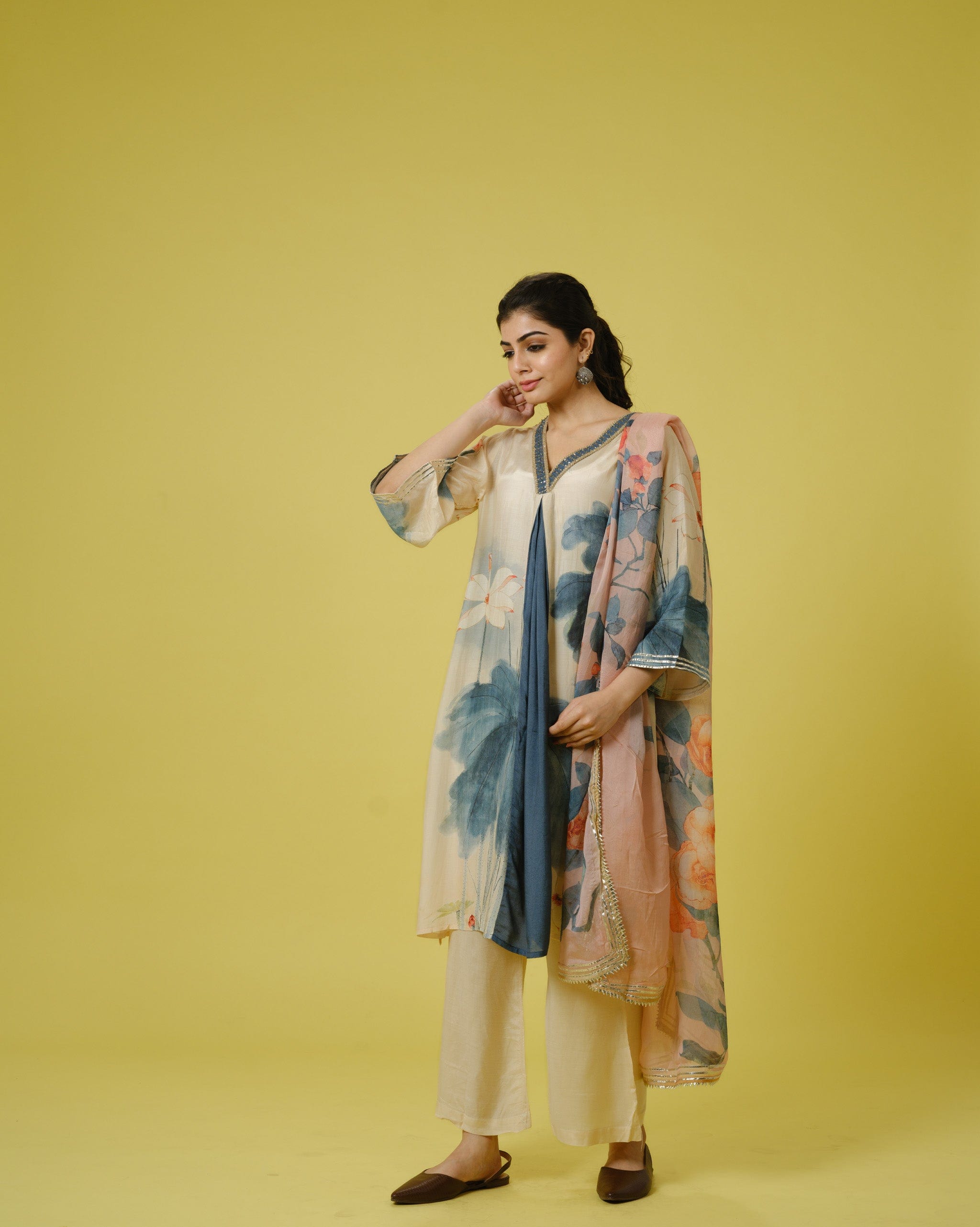Cream 3/4th Sleeves Cotton Silk Digital Floral Print, Embellishment Work Knee Length Kurta Set - With Dupatta