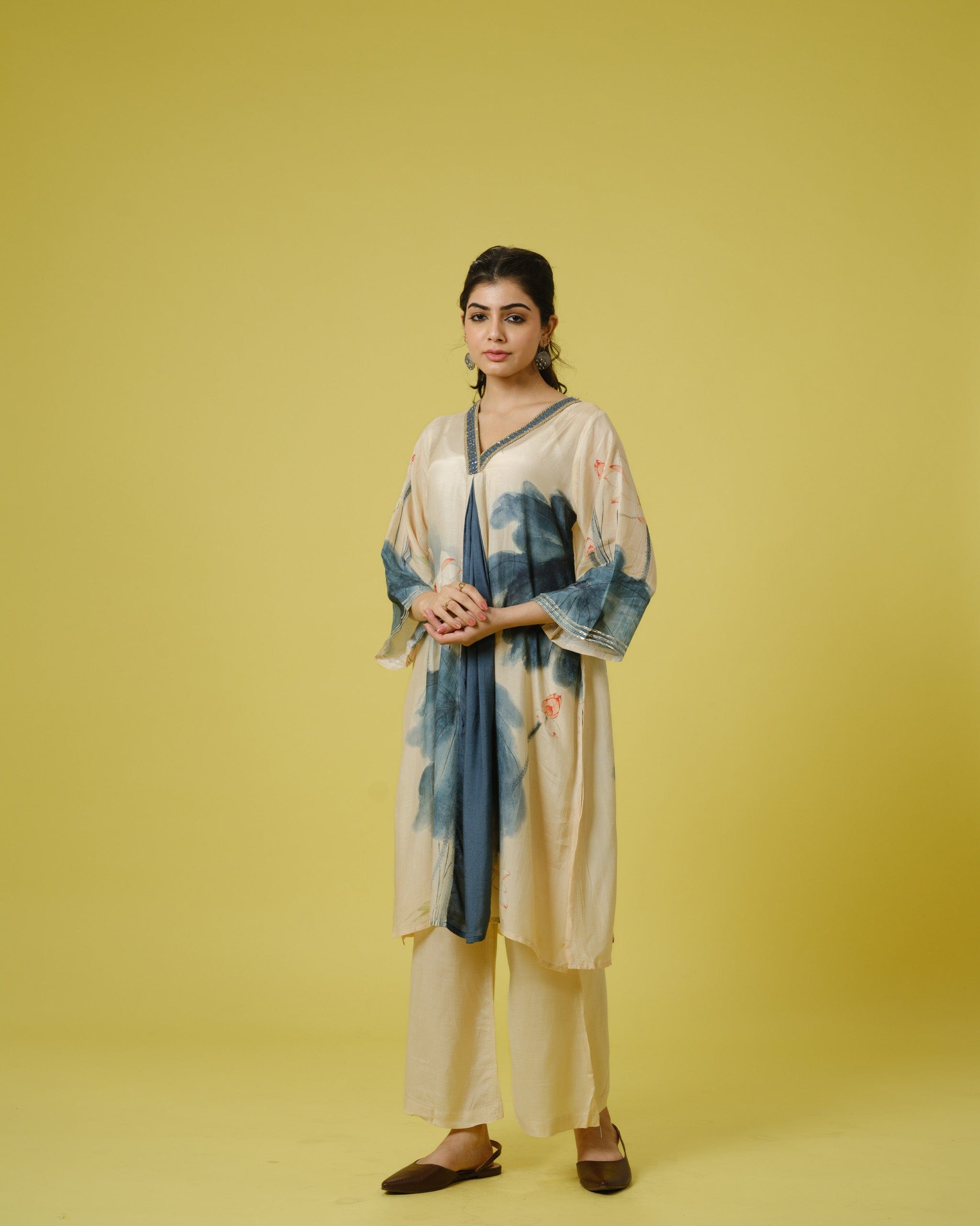 Cream 3/4th Sleeves Cotton Silk Digital Floral Print, Embellishment Work Knee Length Kurta Set - With Dupatta