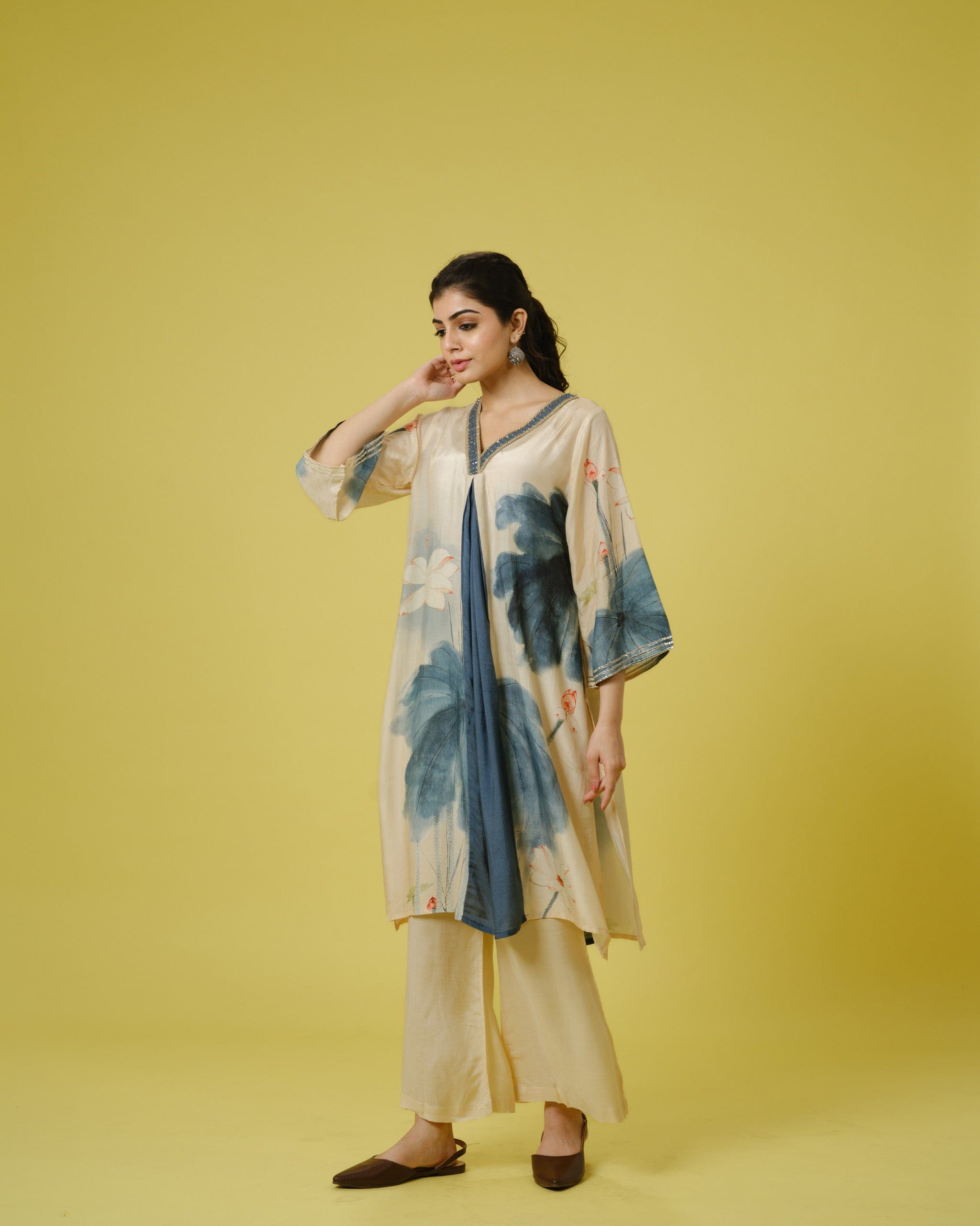Cream 3/4th Sleeves Cotton Silk Digital Floral Print, Embellishment Work Knee Length Kurta Set - With Dupatta