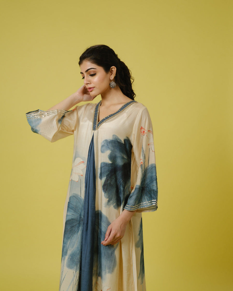 Cream 3/4th Sleeves Cotton Silk Digital Floral Print, Embellishment Work Knee Length Kurta Set - With Dupatta