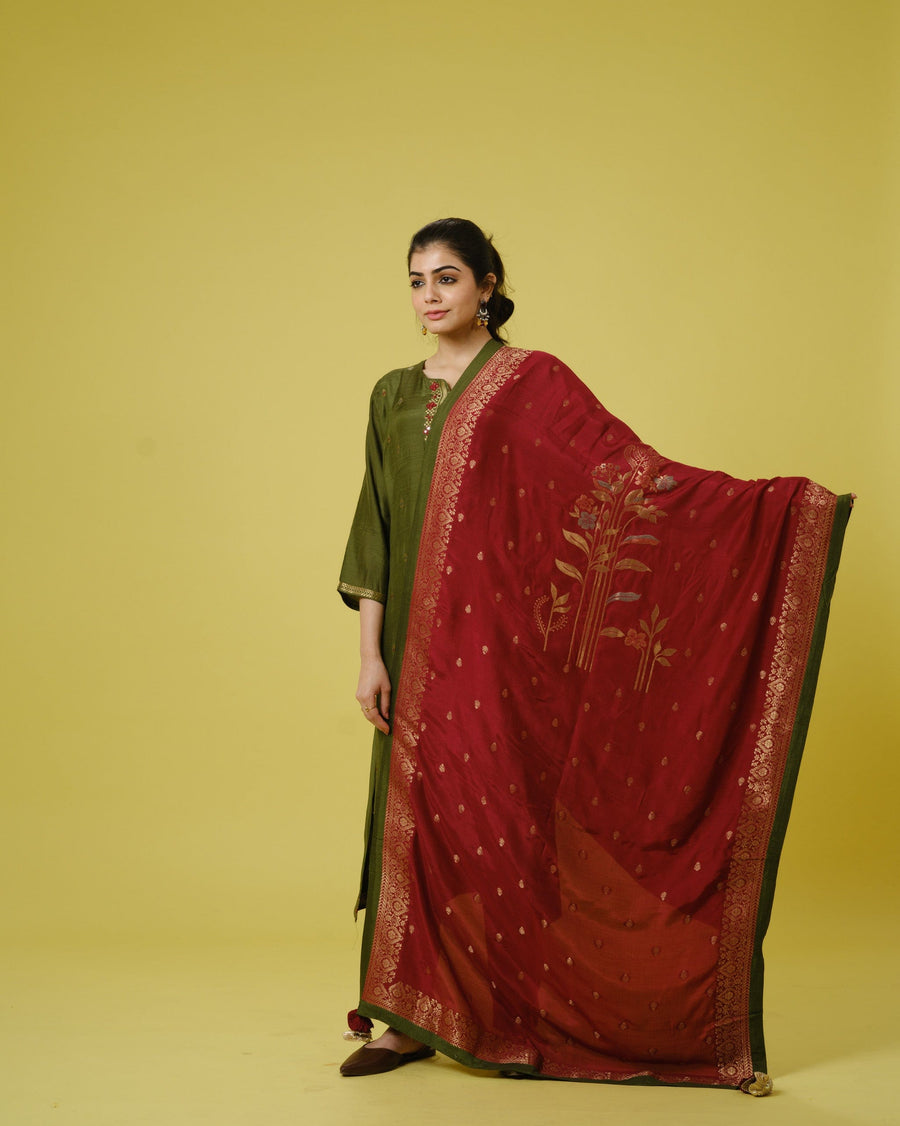 3/4th Sleeves Chanderi Banarasi Print, Mirror Work Calf Length Kurta Set - With Dupatta