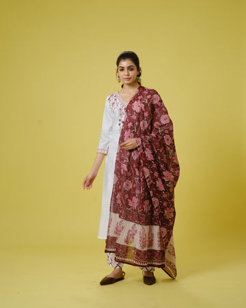 Maroon 3/4th Sleeves Cotton Cambric Floral Machine Embroidery Calf Length Kurta Set - With Dupatta