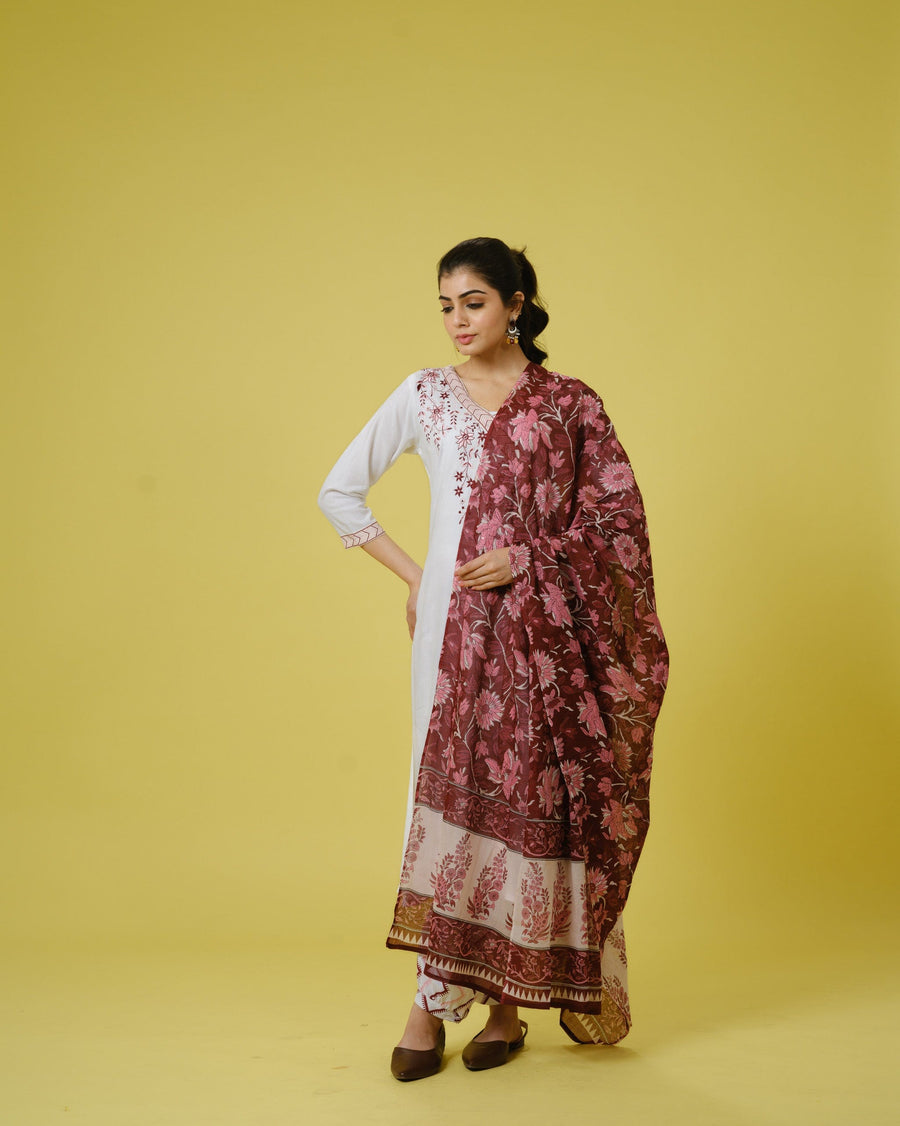 Maroon 3/4th Sleeves Cotton Cambric Floral Machine Embroidery Calf Length Kurta Set - With Dupatta