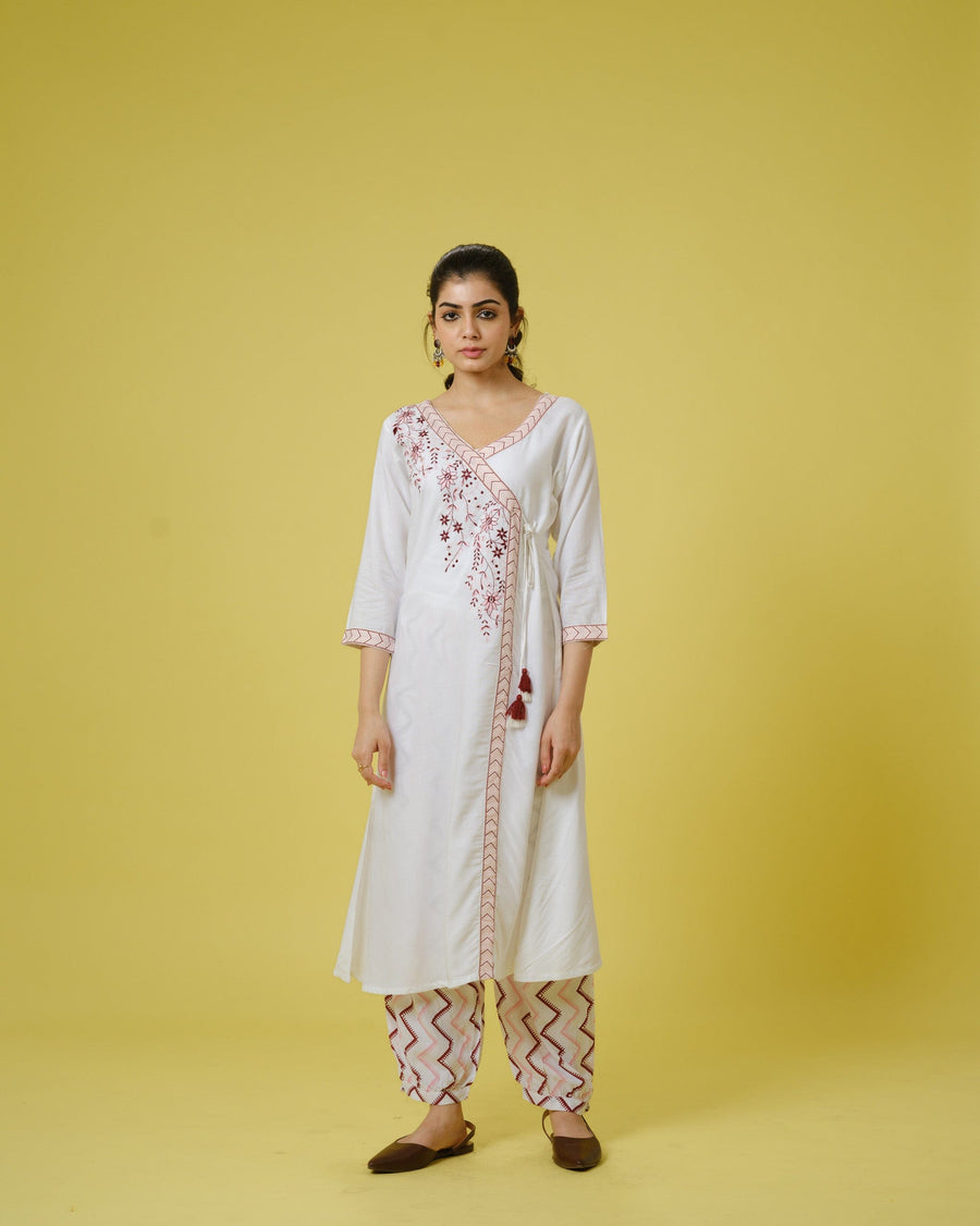 Maroon 3/4th Sleeves Cotton Cambric Floral Machine Embroidery Calf Length Kurta Set - With Dupatta