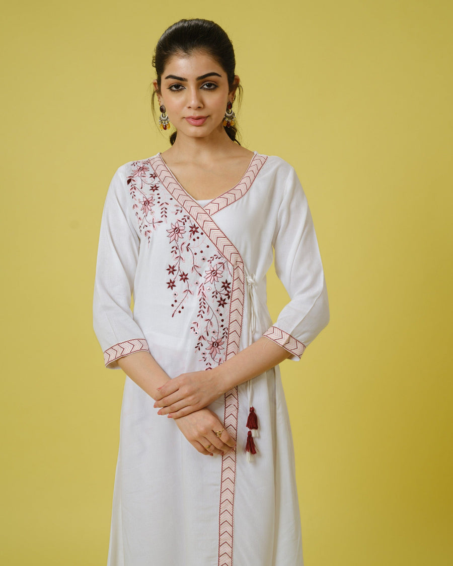 Maroon 3/4th Sleeves Cotton Cambric Floral Machine Embroidery Calf Length Kurta Set - With Dupatta