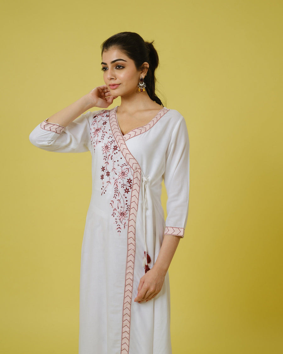 Maroon 3/4th Sleeves Cotton Cambric Floral Machine Embroidery Calf Length Kurta Set - With Dupatta