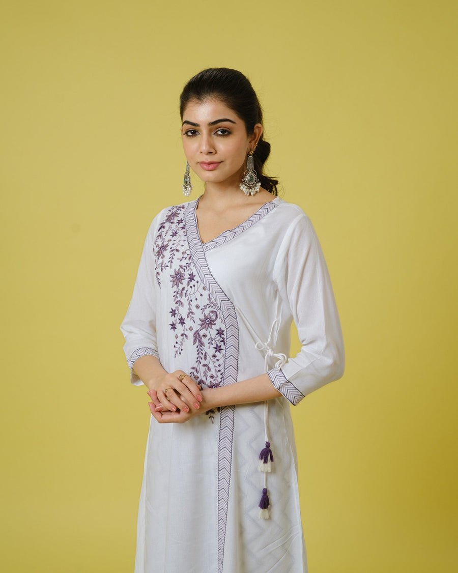 Purple 3/4th Sleeves Cotton Cambric Floral Machine Embroidery Calf Length Kurta Set - With Dupatta