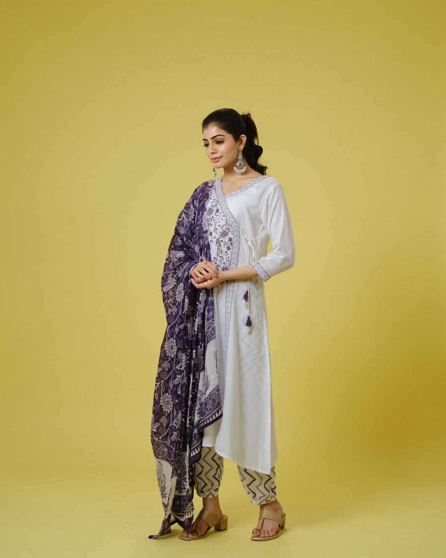 Purple 3/4th Sleeves Cotton Cambric Floral Machine Embroidery Calf Length Kurta Set - With Dupatta