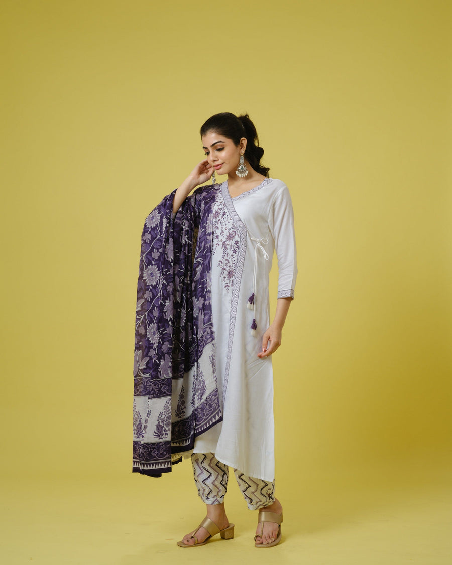 Purple 3/4th Sleeves Cotton Cambric Floral Machine Embroidery Calf Length Kurta Set - With Dupatta