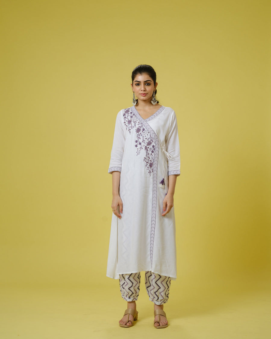 Purple 3/4th Sleeves Cotton Cambric Floral Machine Embroidery Calf Length Kurta Set - With Dupatta