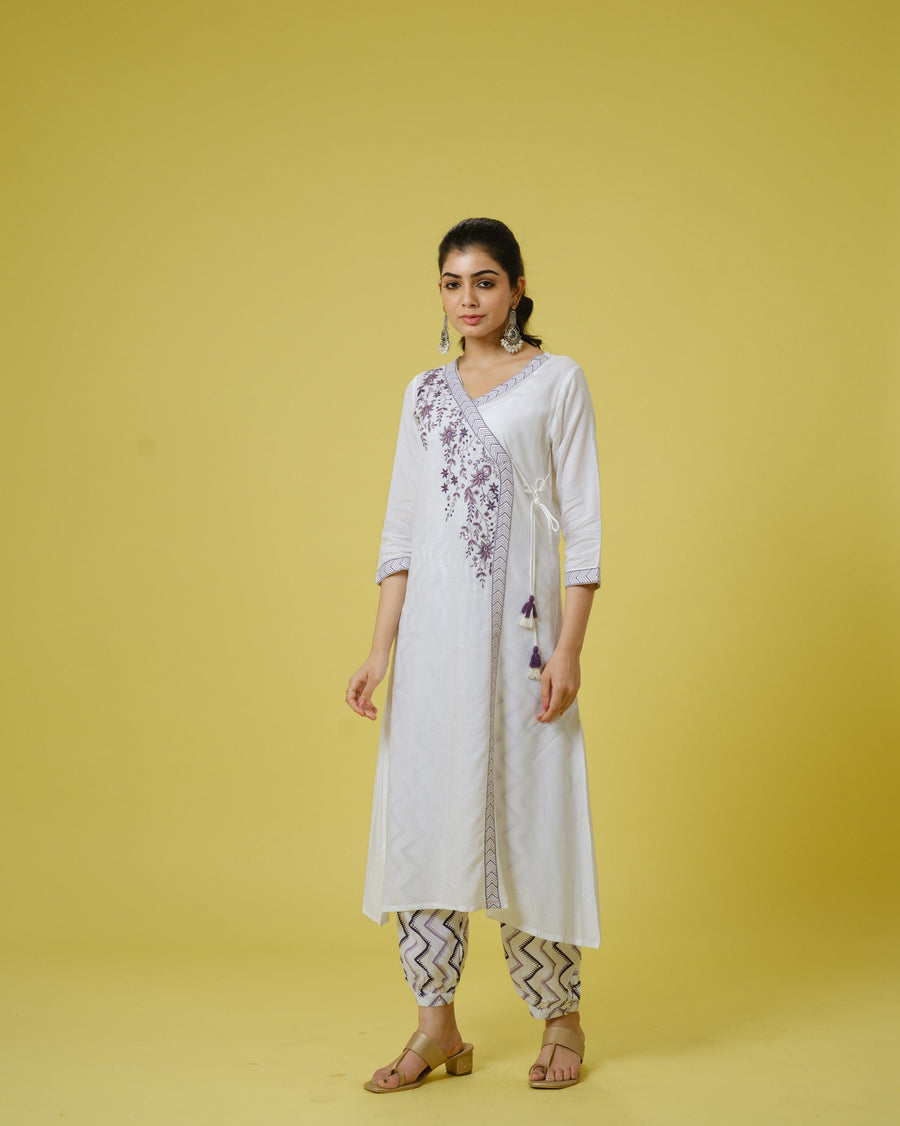 Purple 3/4th Sleeves Cotton Cambric Floral Machine Embroidery Calf Length Kurta Set - With Dupatta