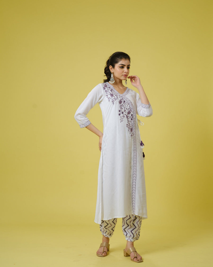 Purple 3/4th Sleeves Cotton Cambric Floral Machine Embroidery Calf Length Kurta Set - With Dupatta