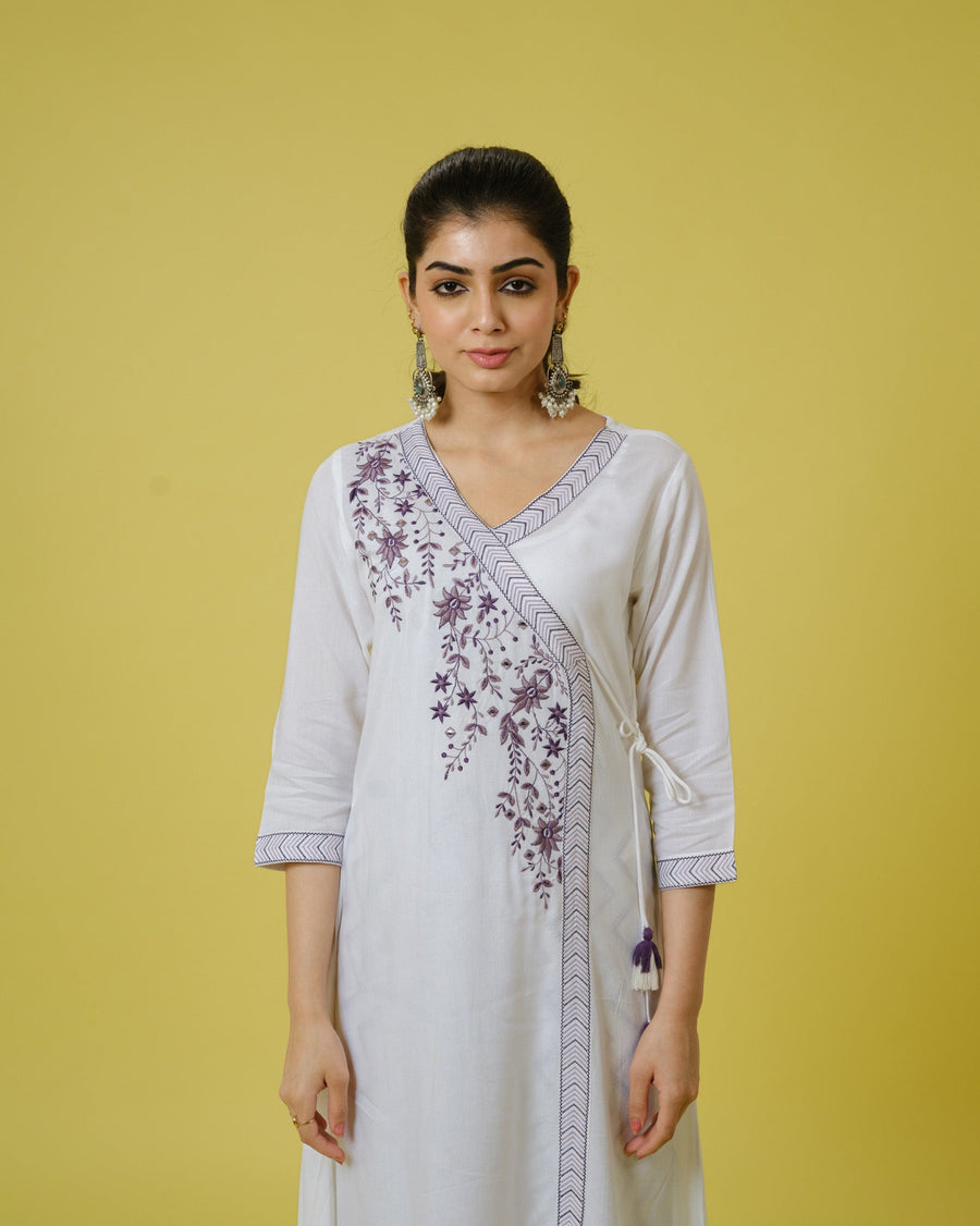 Purple 3/4th Sleeves Cotton Cambric Floral Machine Embroidery Calf Length Kurta Set - With Dupatta