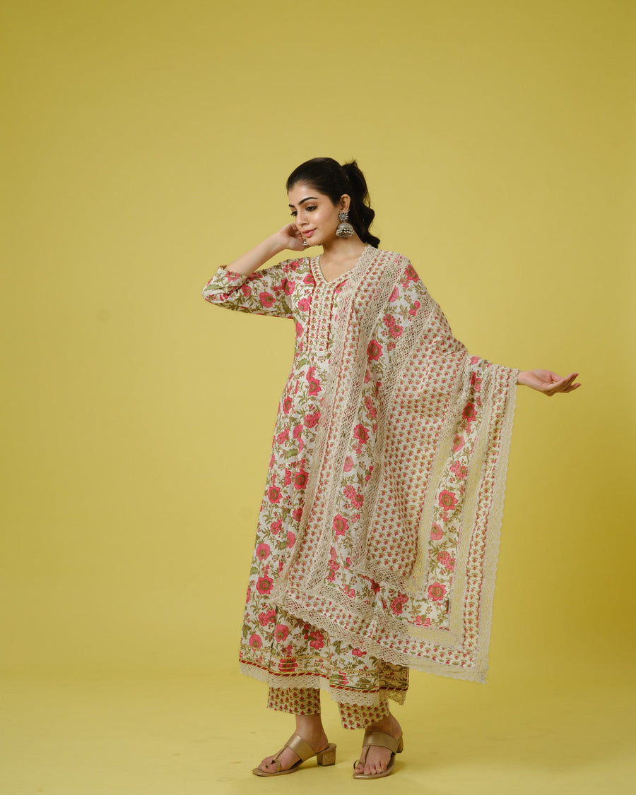 White 3/4th Sleeves Cotton Floral Print Calf Length Kurta Set - With Dupatta