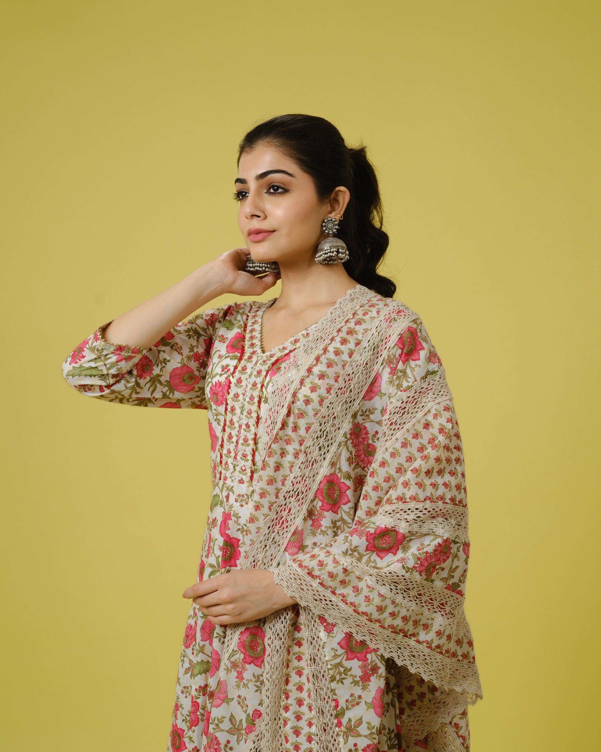 White 3/4th Sleeves Cotton Floral Print Calf Length Kurta Set - With Dupatta