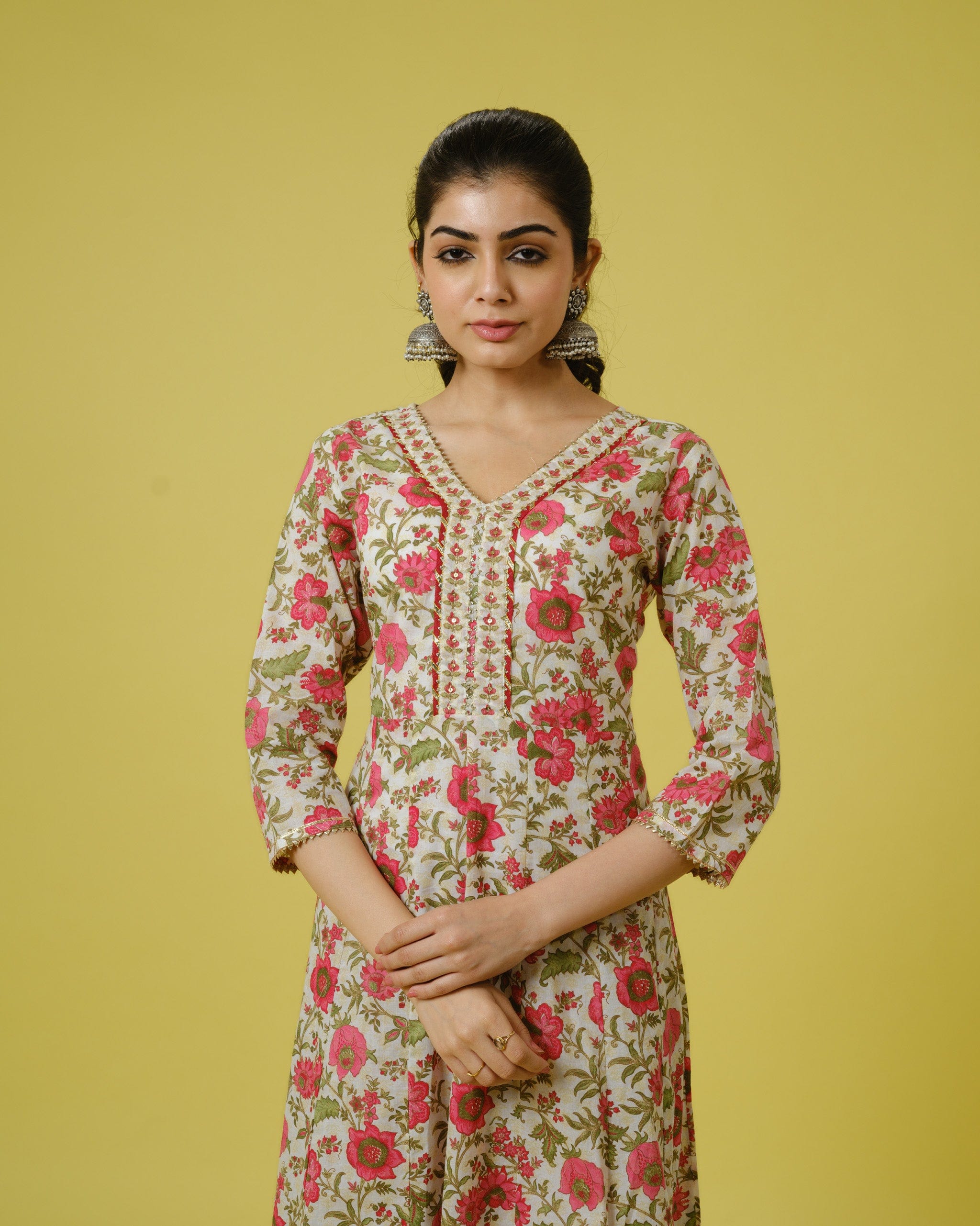 White 3/4th Sleeves Cotton Floral Print Calf Length Kurta Set - With Dupatta