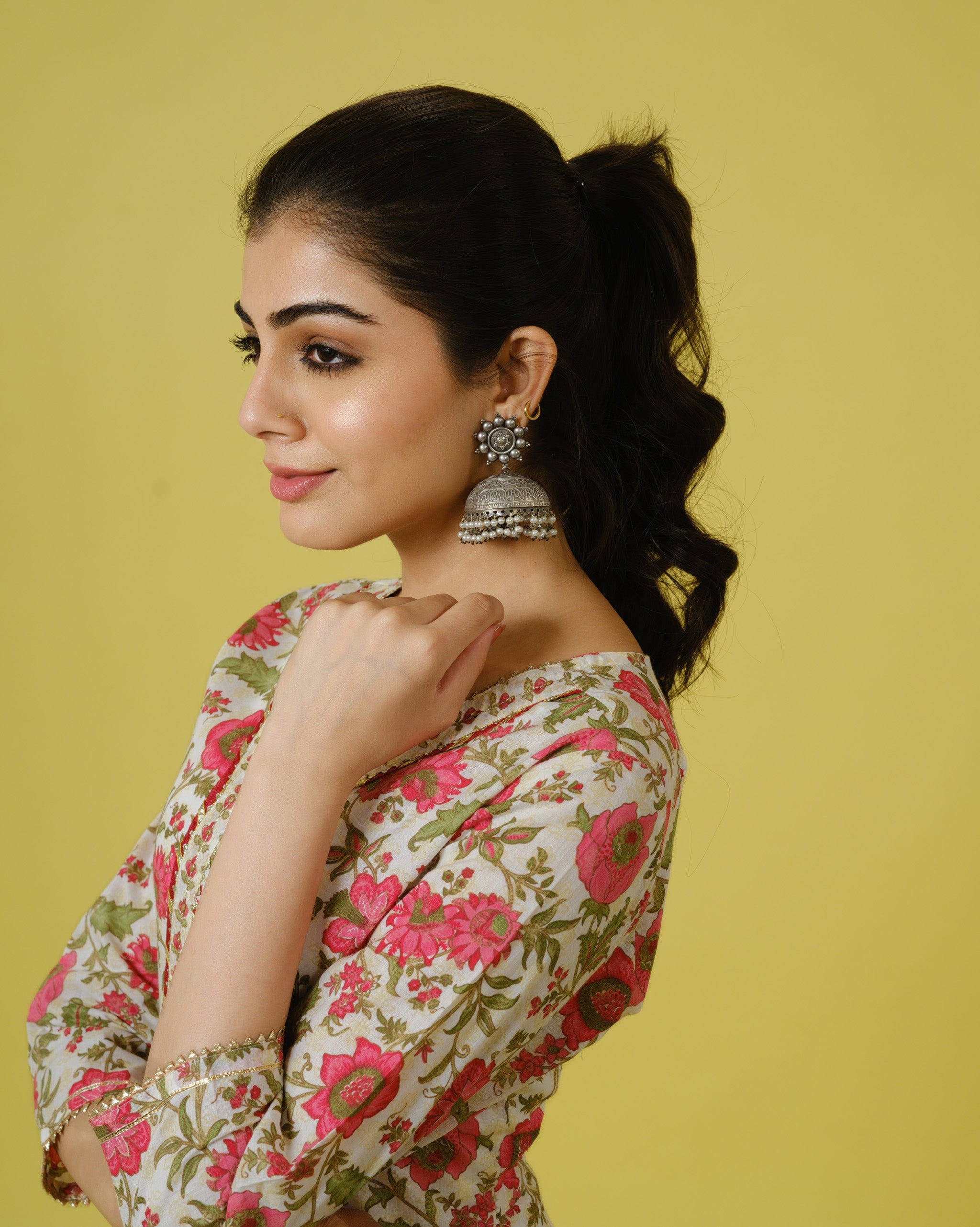 White 3/4th Sleeves Cotton Floral Print Calf Length Kurta Set - With Dupatta