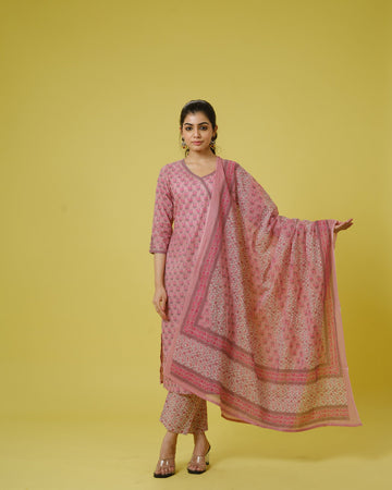 Onion Pink 3/4th Sleeves Cotton Cambric Floral Print Calf Length Kurta Set - With Dupatta