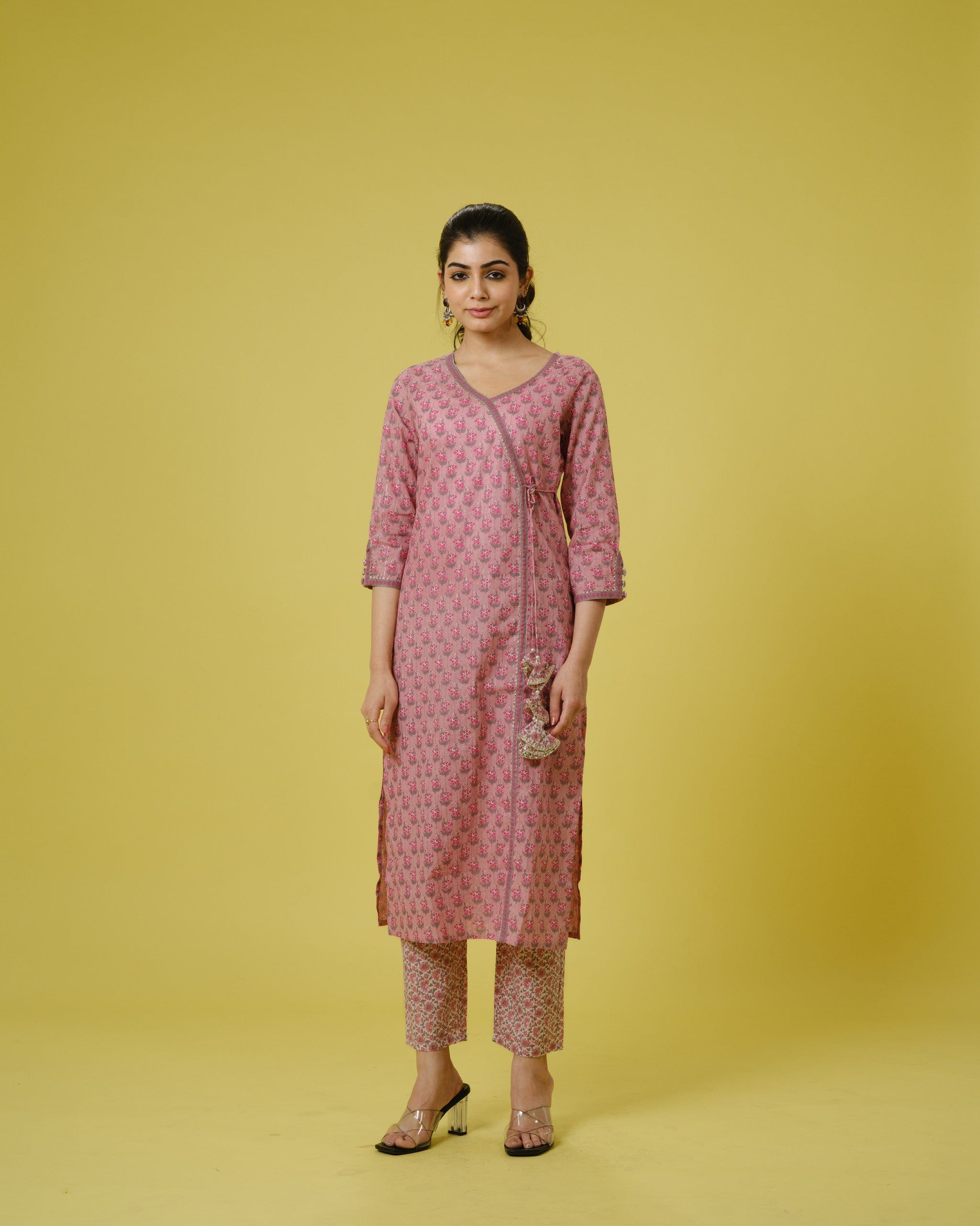 Onion Pink 3/4th Sleeves Cotton Cambric Floral Print Calf Length Kurta Set - With Dupatta