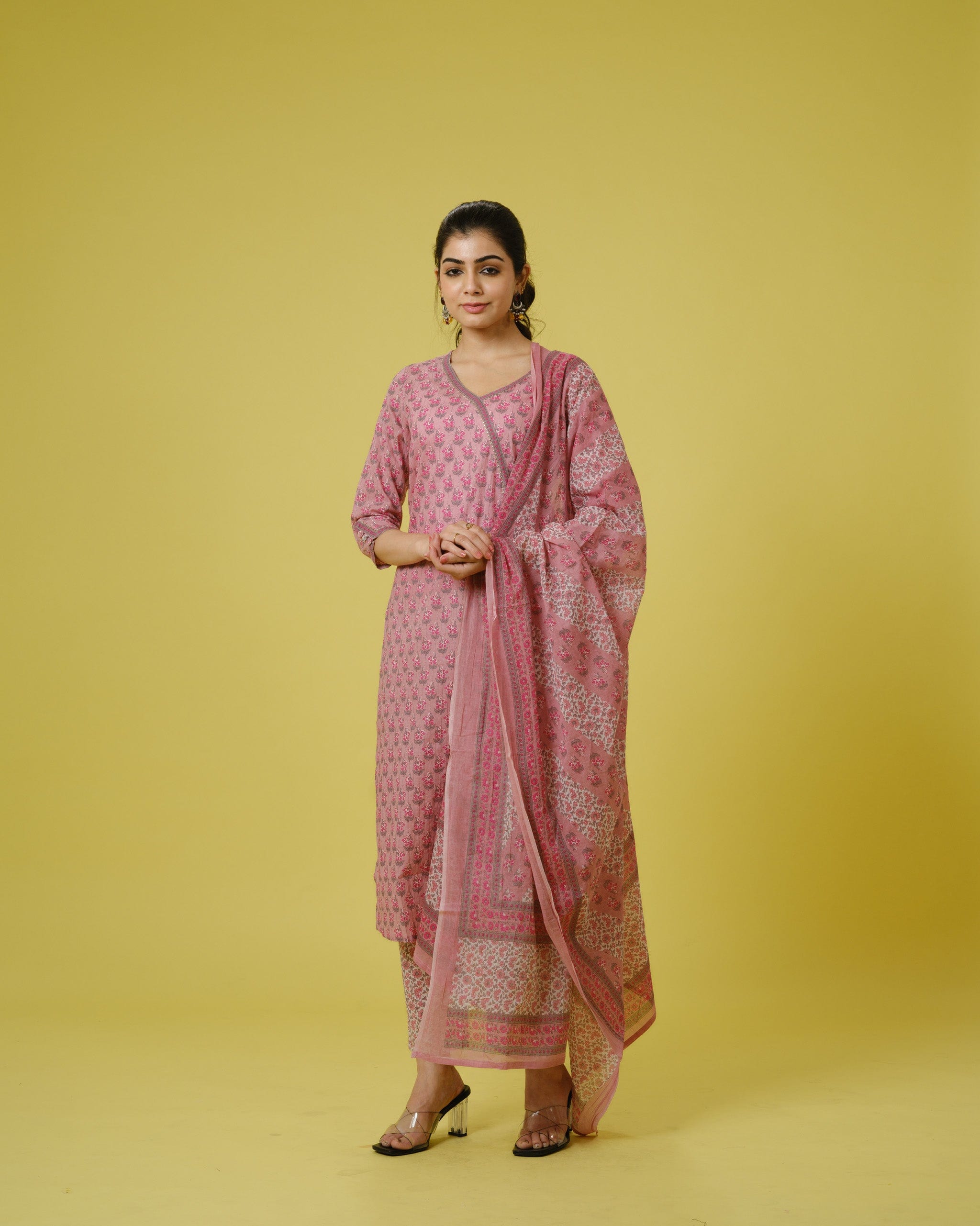 Onion Pink 3/4th Sleeves Cotton Cambric Floral Print Calf Length Kurta Set - With Dupatta