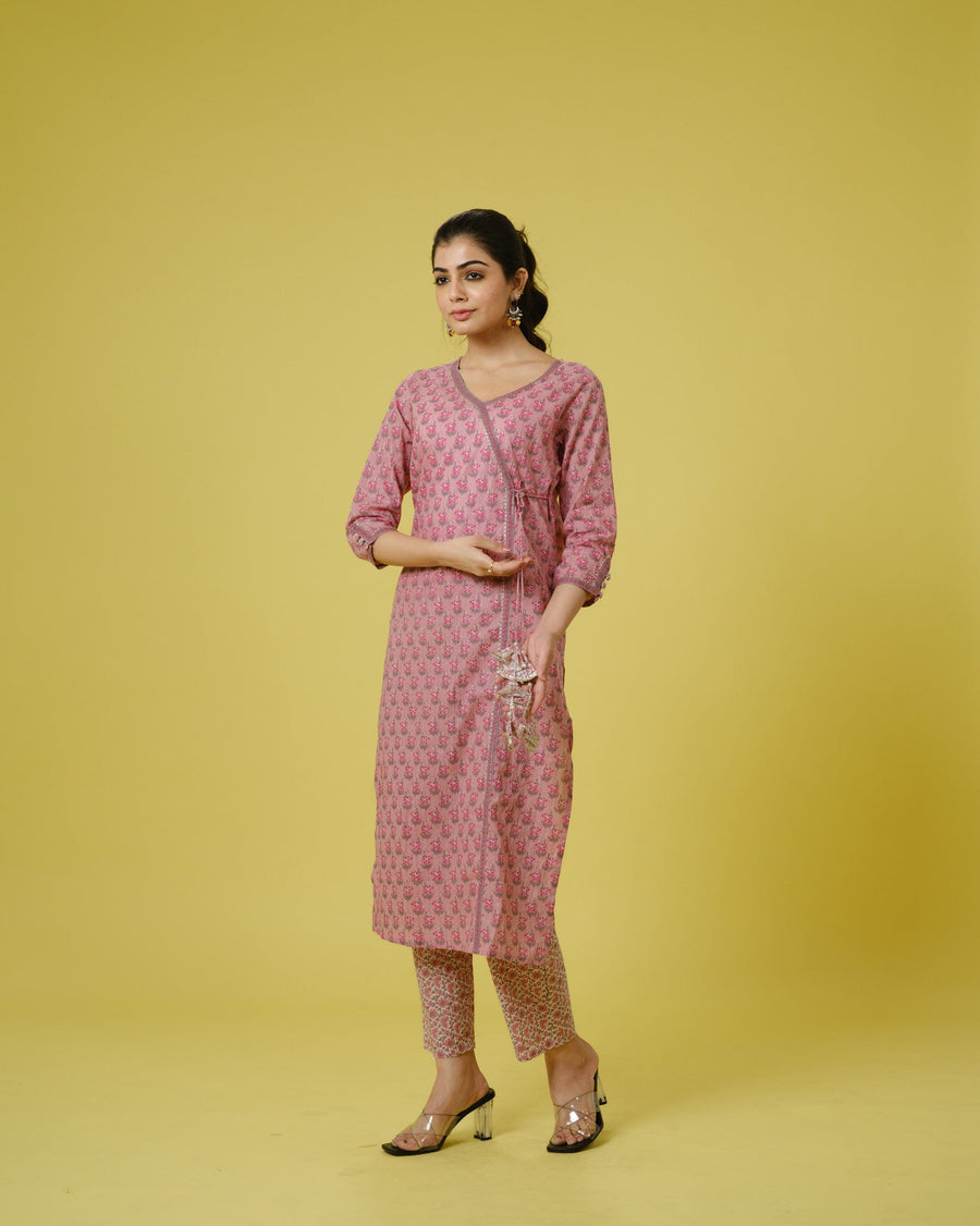 Onion Pink 3/4th Sleeves Cotton Cambric Floral Print Calf Length Kurta Set - With Dupatta