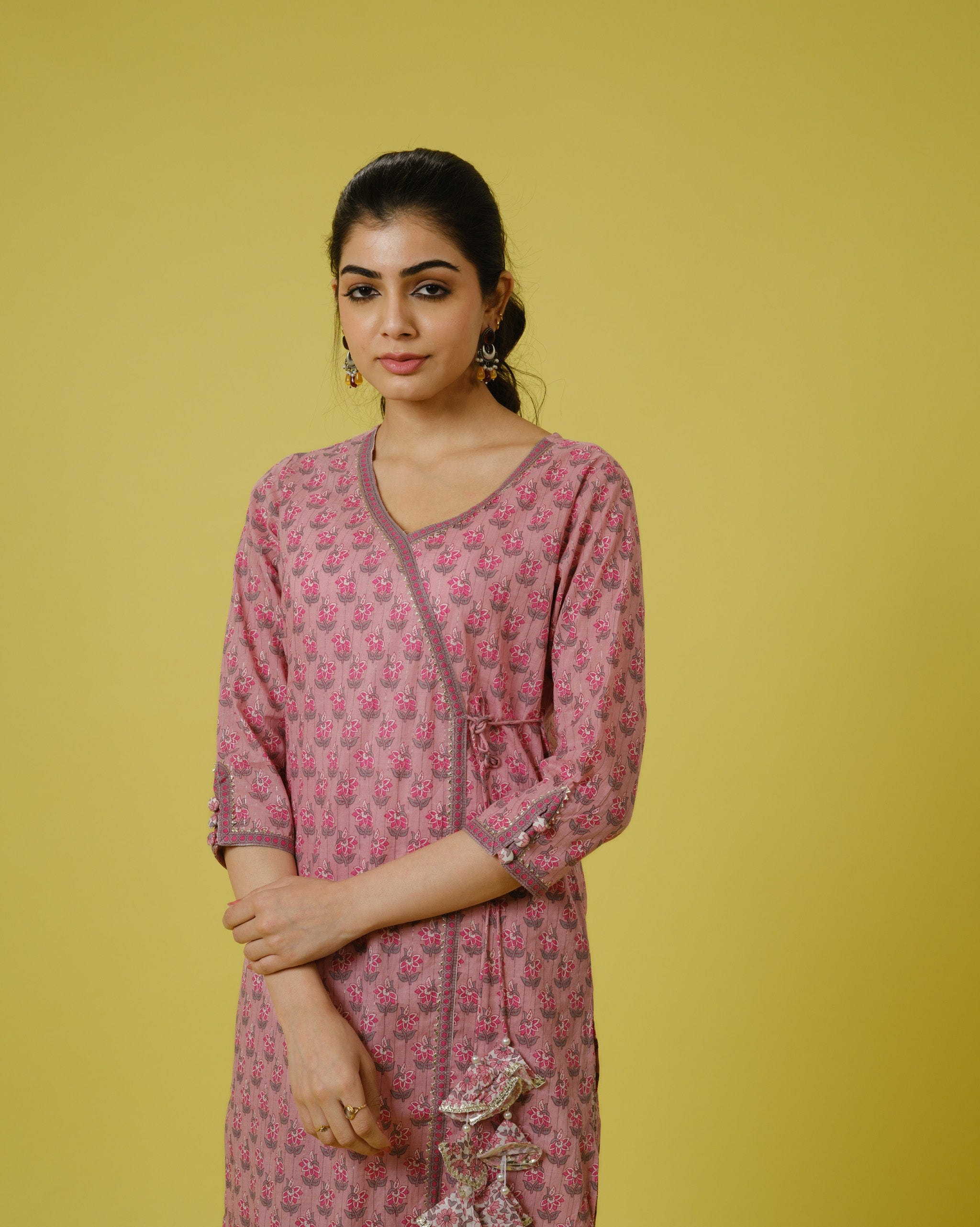 Onion Pink 3/4th Sleeves Cotton Cambric Floral Print Calf Length Kurta Set - With Dupatta