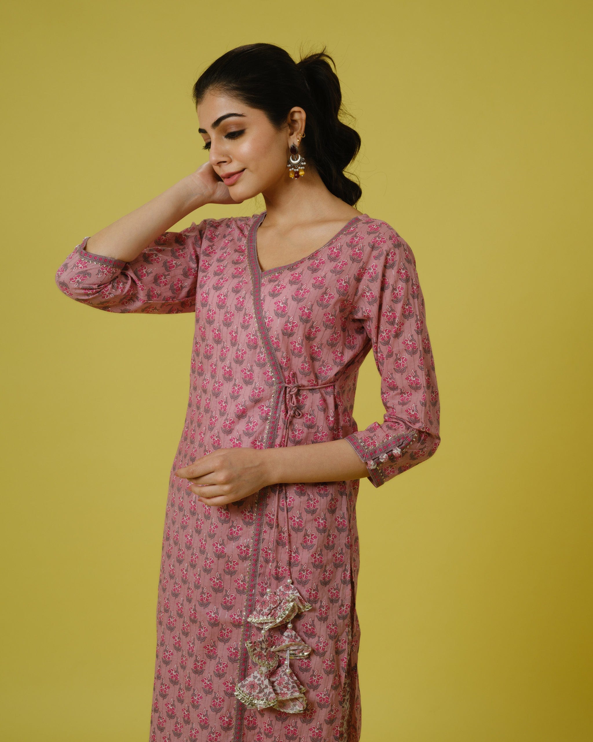 Onion Pink 3/4th Sleeves Cotton Cambric Floral Print Calf Length Kurta Set - With Dupatta
