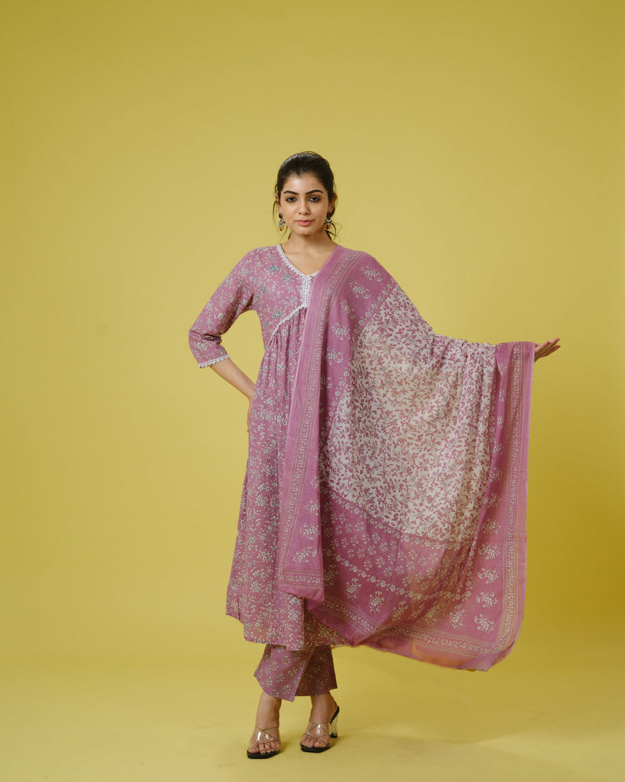 Mauve 3/4th Sleeves Cotton Floral Print Calf Length Kurta Set - With Dupatta