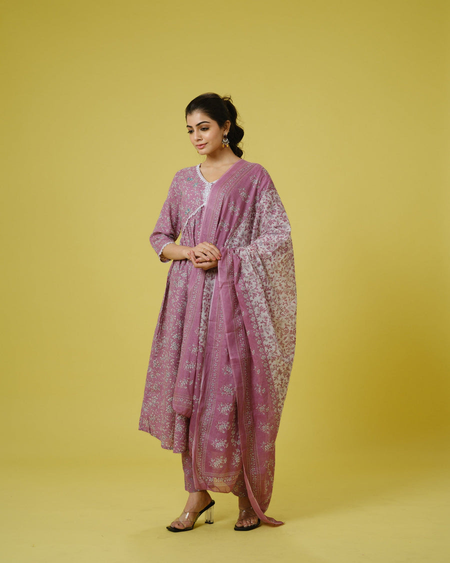 Mauve 3/4th Sleeves Cotton Floral Print Calf Length Kurta Set - With Dupatta