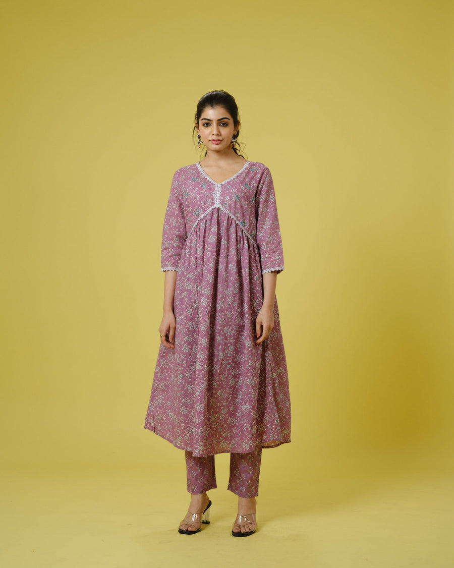 Mauve 3/4th Sleeves Cotton Floral Print Calf Length Kurta Set - With Dupatta