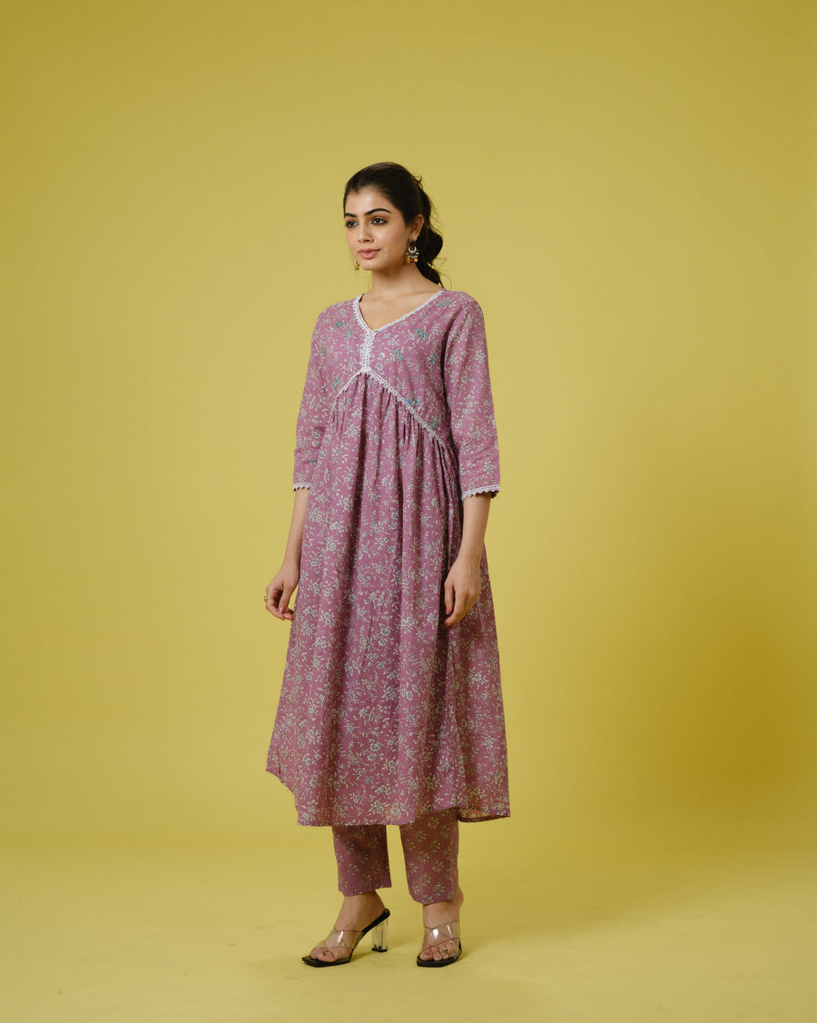 Mauve 3/4th Sleeves Cotton Floral Print Calf Length Kurta Set - With Dupatta