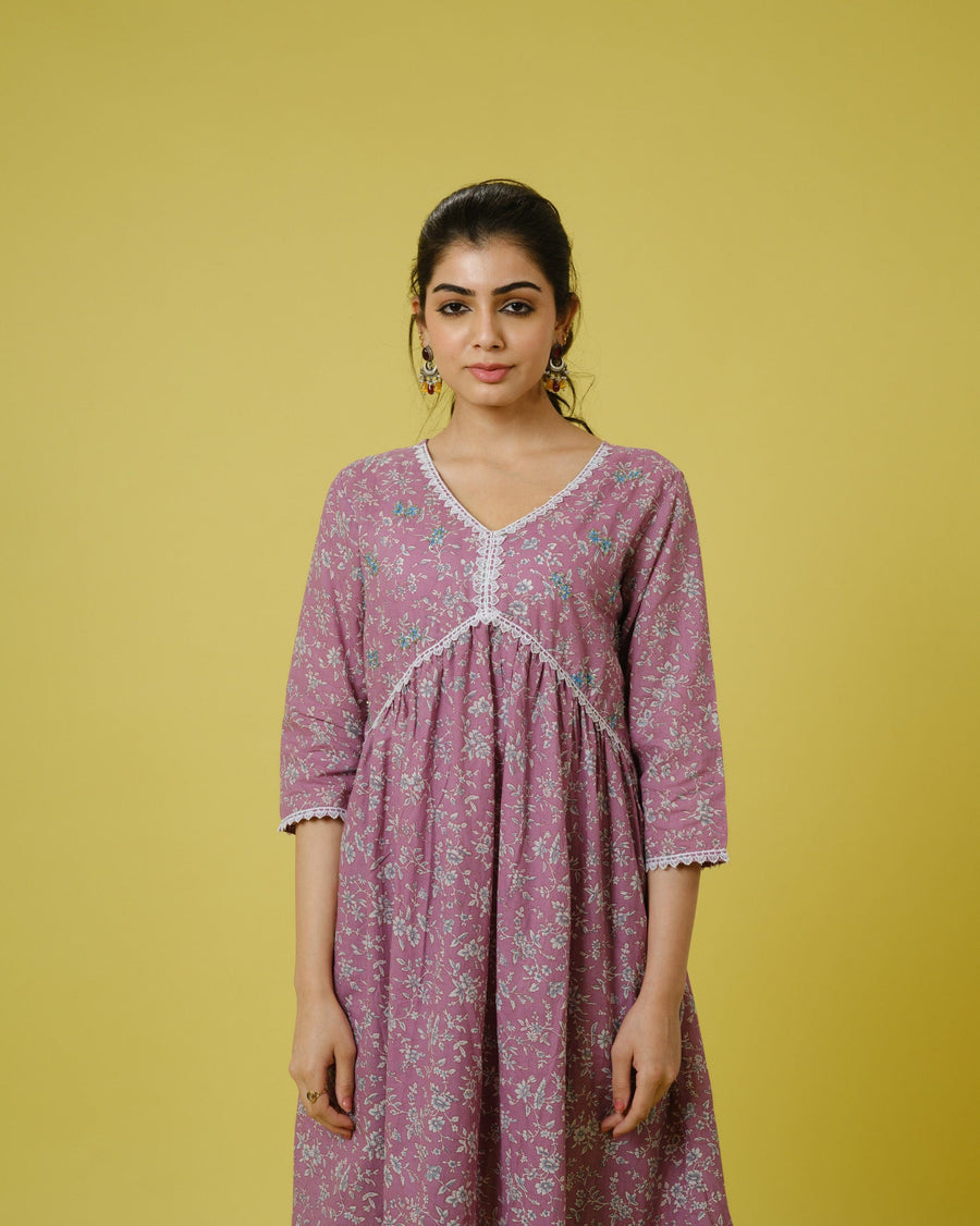 Mauve 3/4th Sleeves Cotton Floral Print Calf Length Kurta Set - With Dupatta