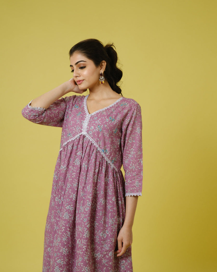 Mauve 3/4th Sleeves Cotton Floral Print Calf Length Kurta Set - With Dupatta