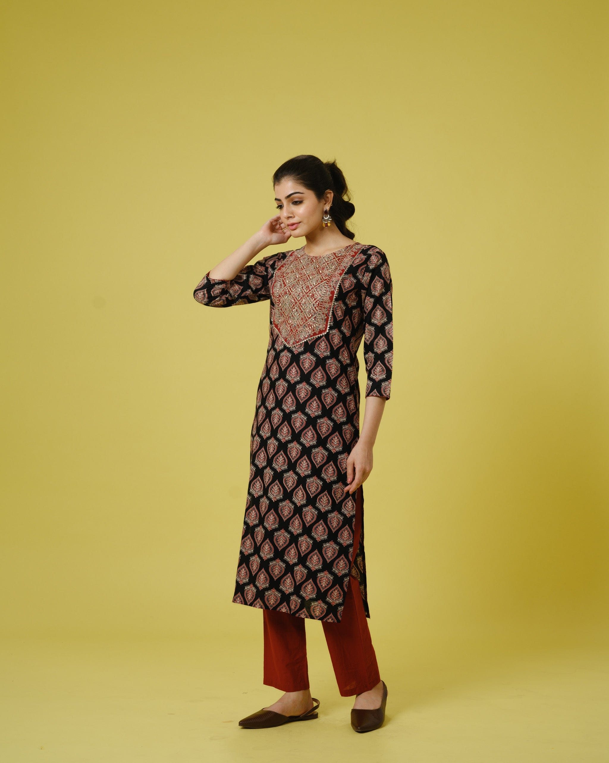 Black 3/4th Sleeves Cotton Cambric Traditional Motifs Calf Length Kurta Set - With Dupatta