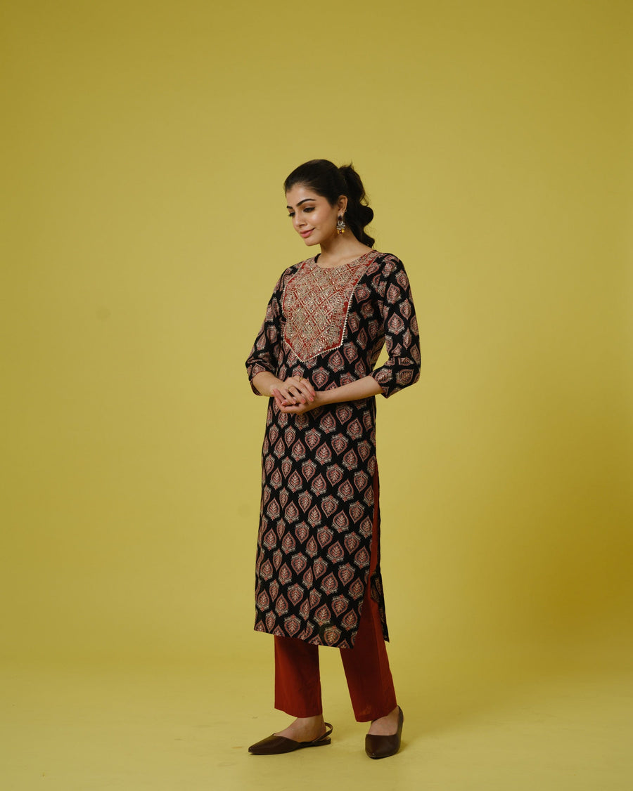 Black 3/4th Sleeves Cotton Cambric Traditional Motifs Calf Length Kurta Set - With Dupatta