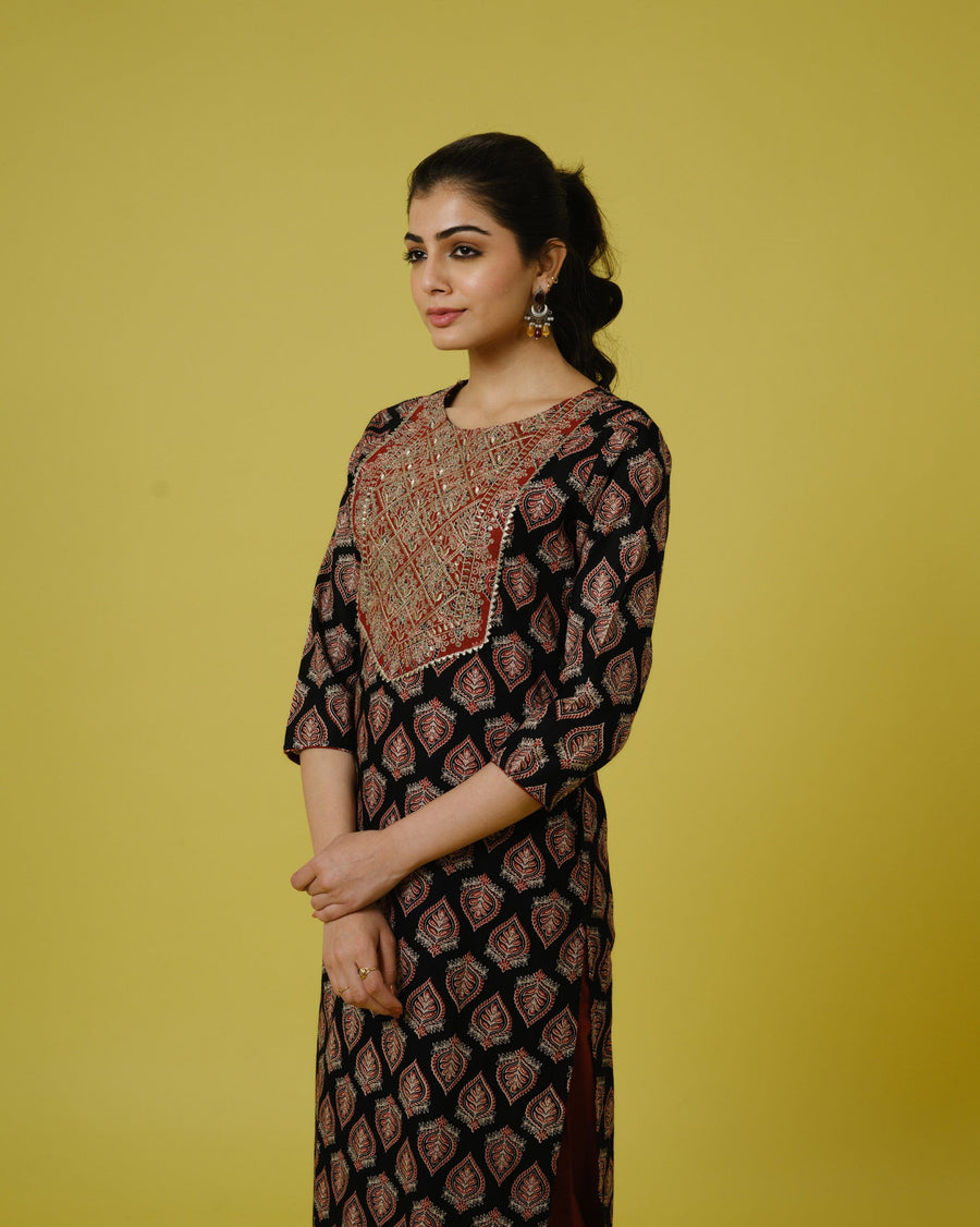 Black 3/4th Sleeves Cotton Cambric Traditional Motifs Calf Length Kurta Set - With Dupatta