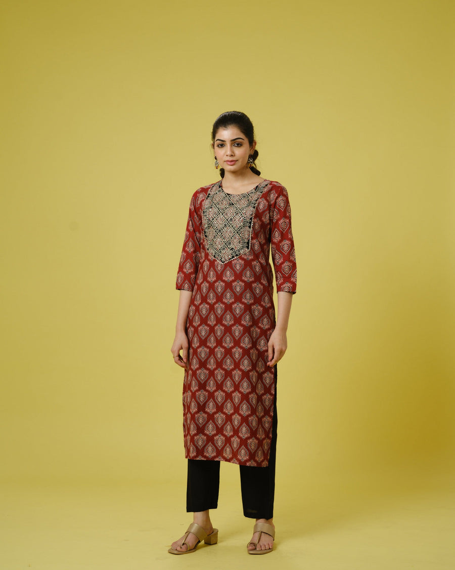 Red 3/4th Sleeves Cotton Cambric Traditional Motifs Calf Length Kurta Set - With Dupatta