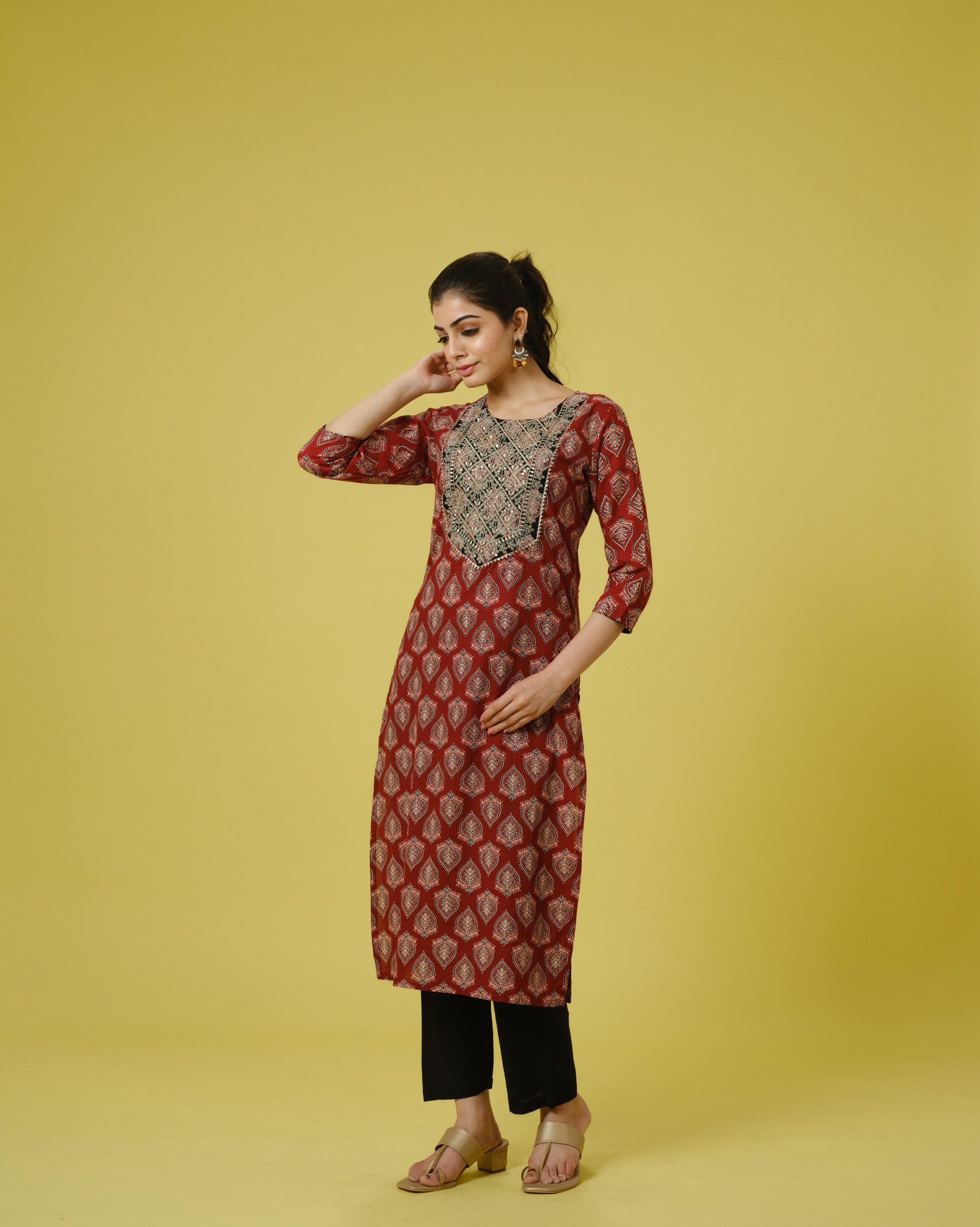 Red 3/4th Sleeves Cotton Cambric Traditional Motifs Calf Length Kurta Set - With Dupatta