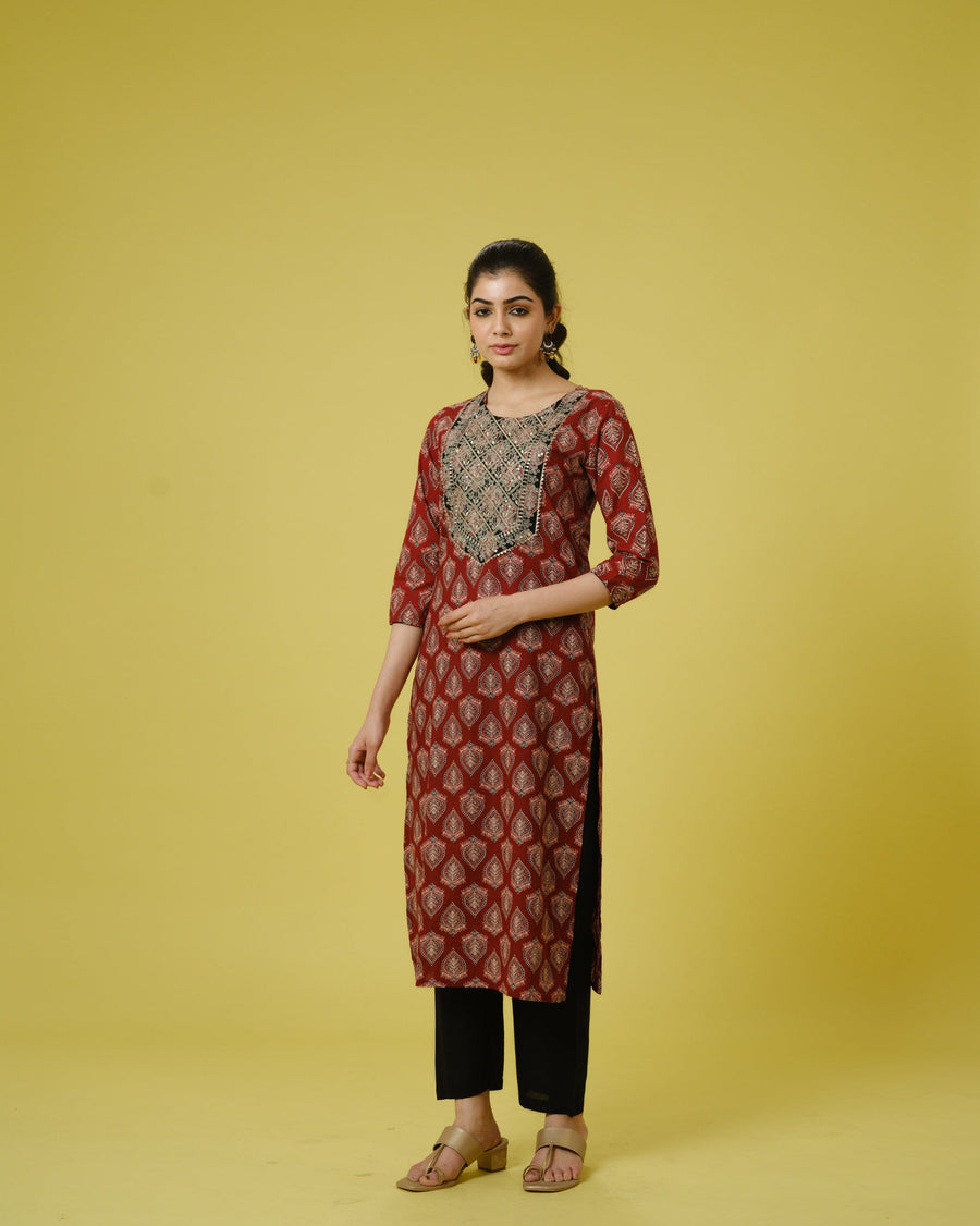 Red 3/4th Sleeves Cotton Cambric Traditional Motifs Calf Length Kurta Set - With Dupatta