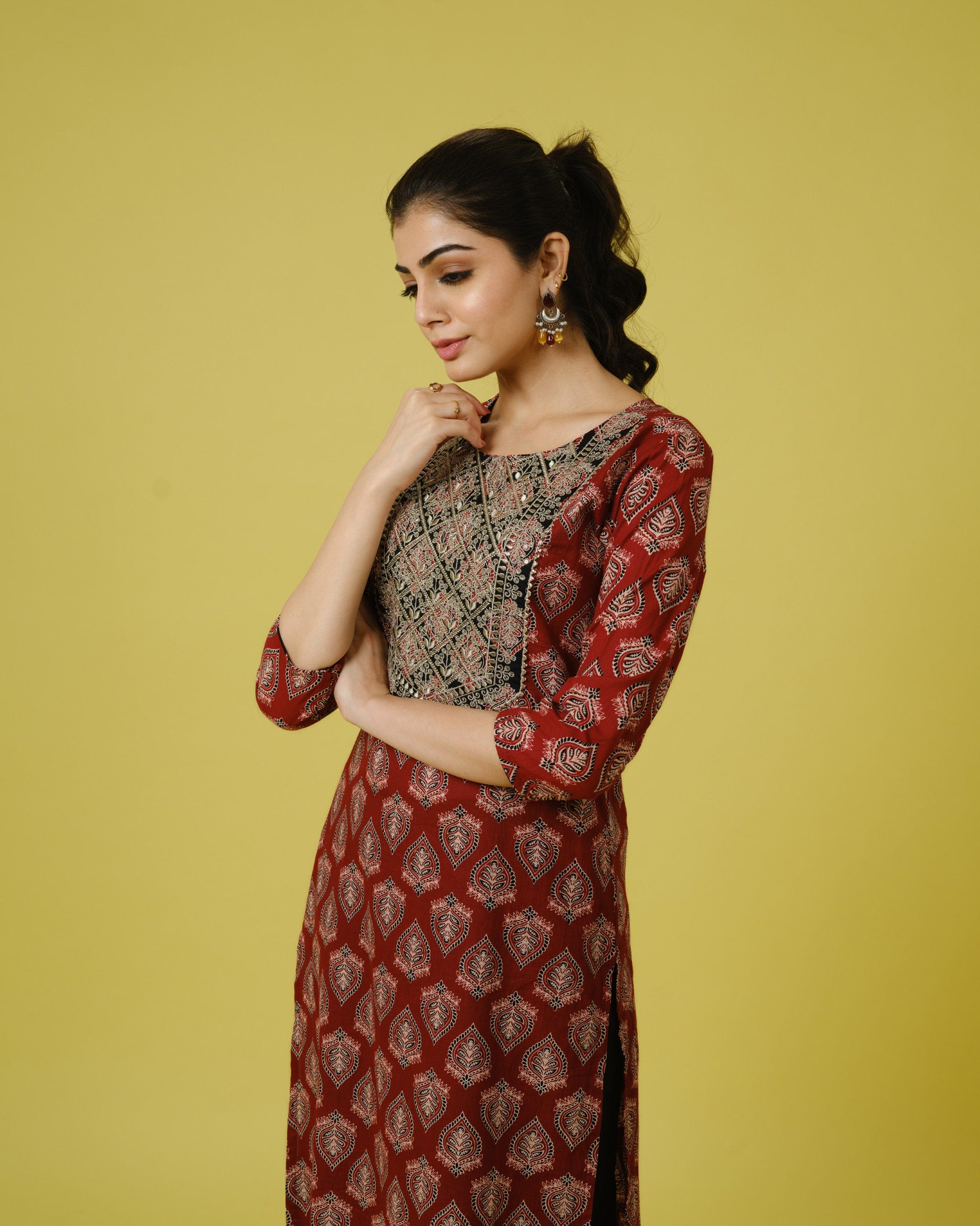 Red 3/4th Sleeves Cotton Cambric Traditional Motifs Calf Length Kurta Set - With Dupatta