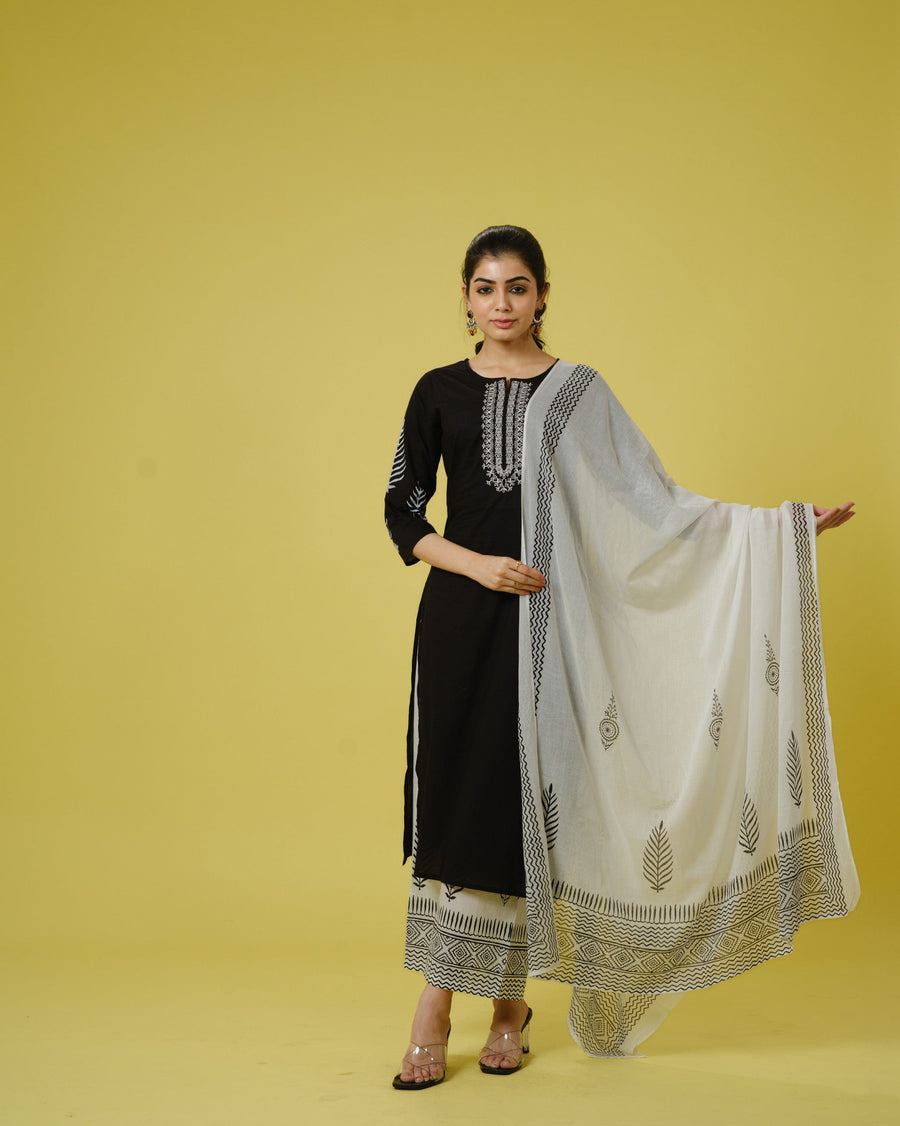 Black 3/4th Sleeves Cotton Machine Embroidery, Block Print Calf Length Kurta Set - With Dupatta