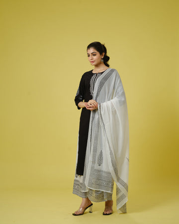 Black 3/4th Sleeves Cotton Machine Embroidery, Block Print Calf Length Kurta Set - With Dupatta