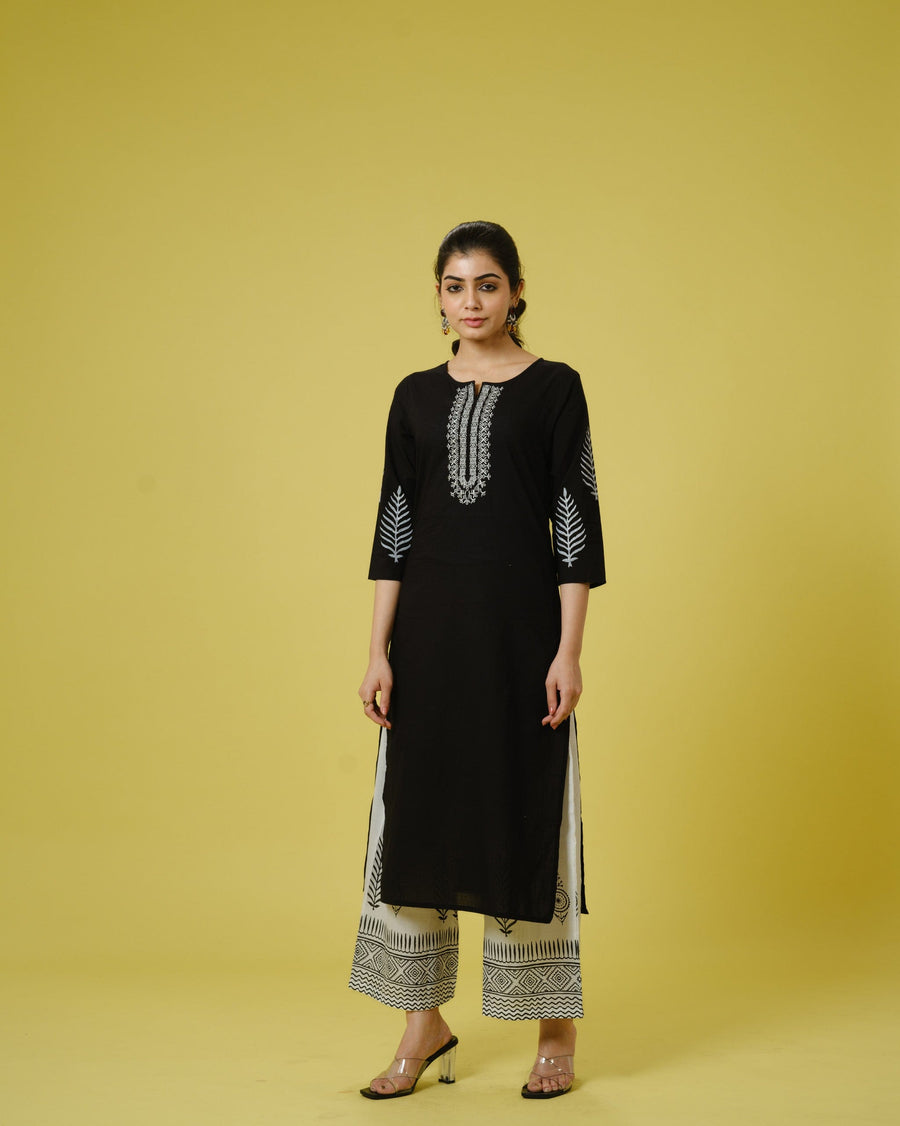 Black 3/4th Sleeves Cotton Machine Embroidery, Block Print Calf Length Kurta Set - With Dupatta