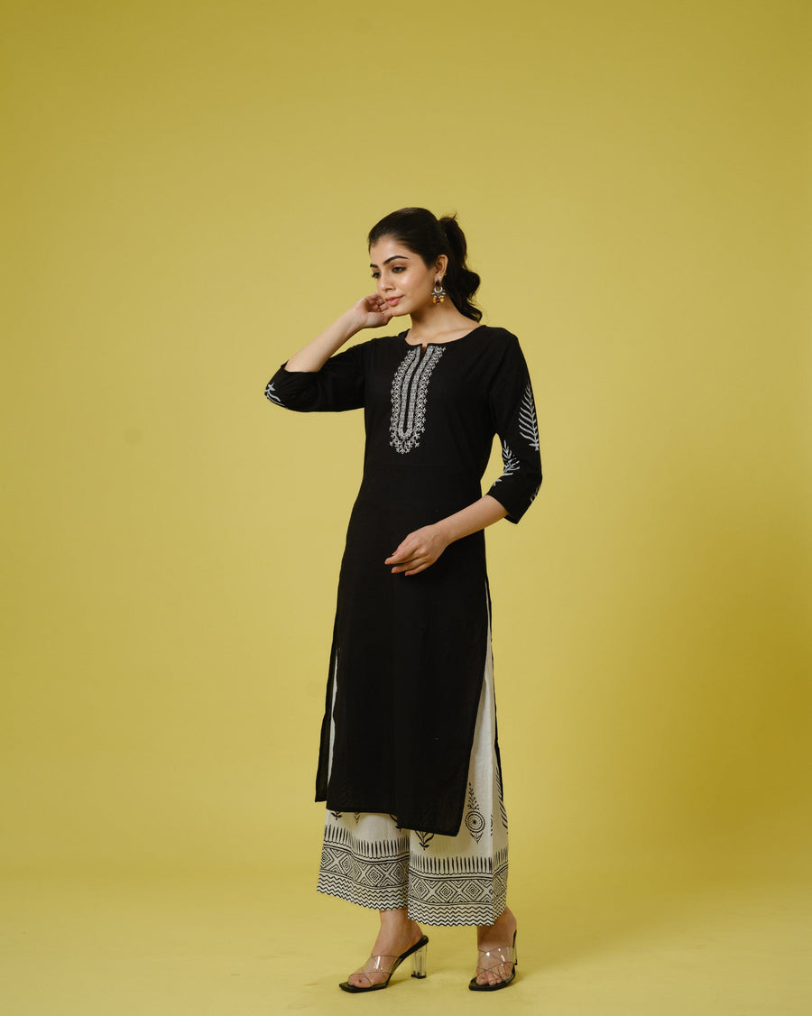 Black 3/4th Sleeves Cotton Machine Embroidery, Block Print Calf Length Kurta Set - With Dupatta